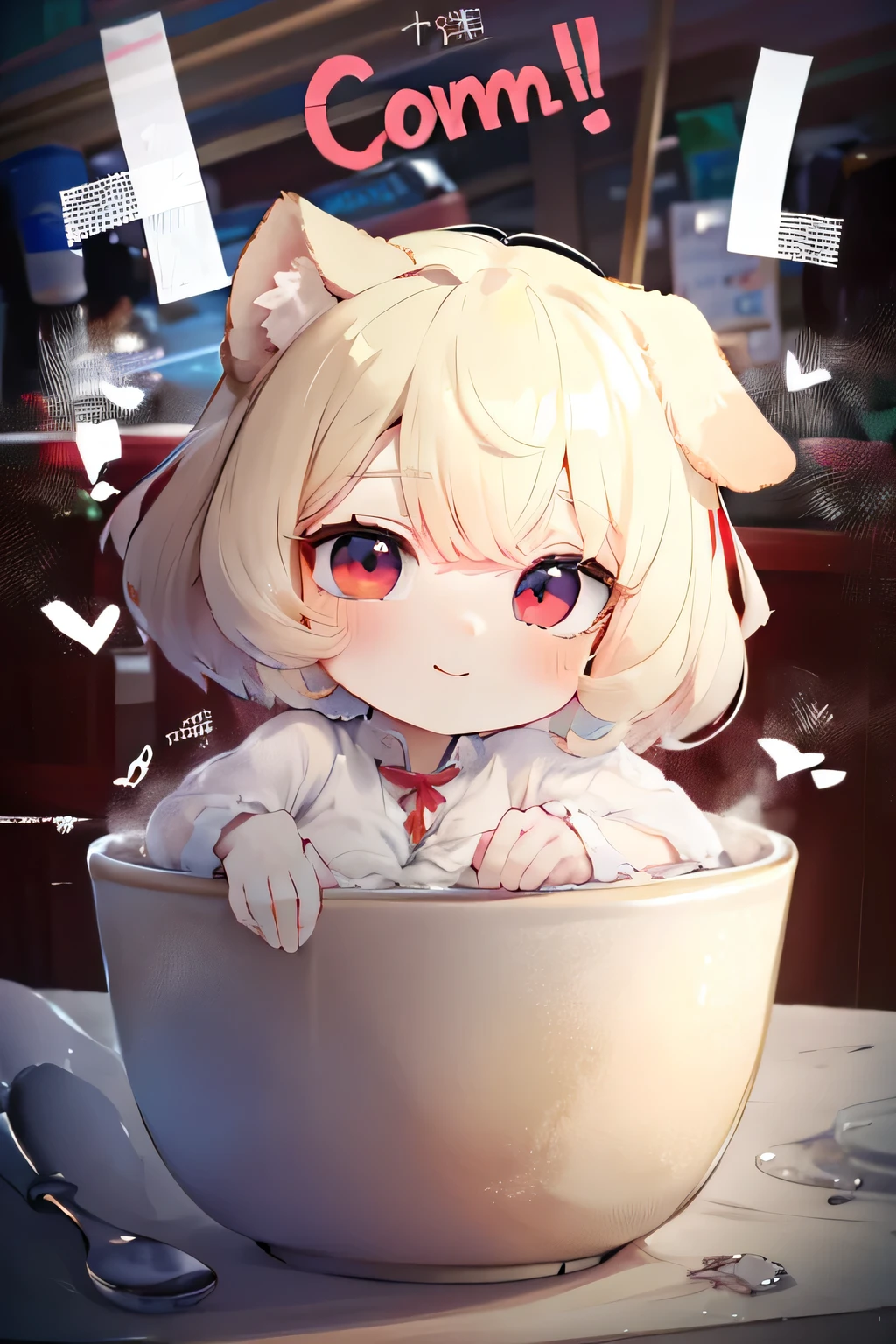   droopy eyes ,  top quality,   perfect face ,   Perfect Eyes,  Tiny Breasts ,   medium cut hair full of fresh cream , curly hair,  Gold,red eyes,Dog Ears、 dazzling smile、 red ribbon、Knee、In the cup、