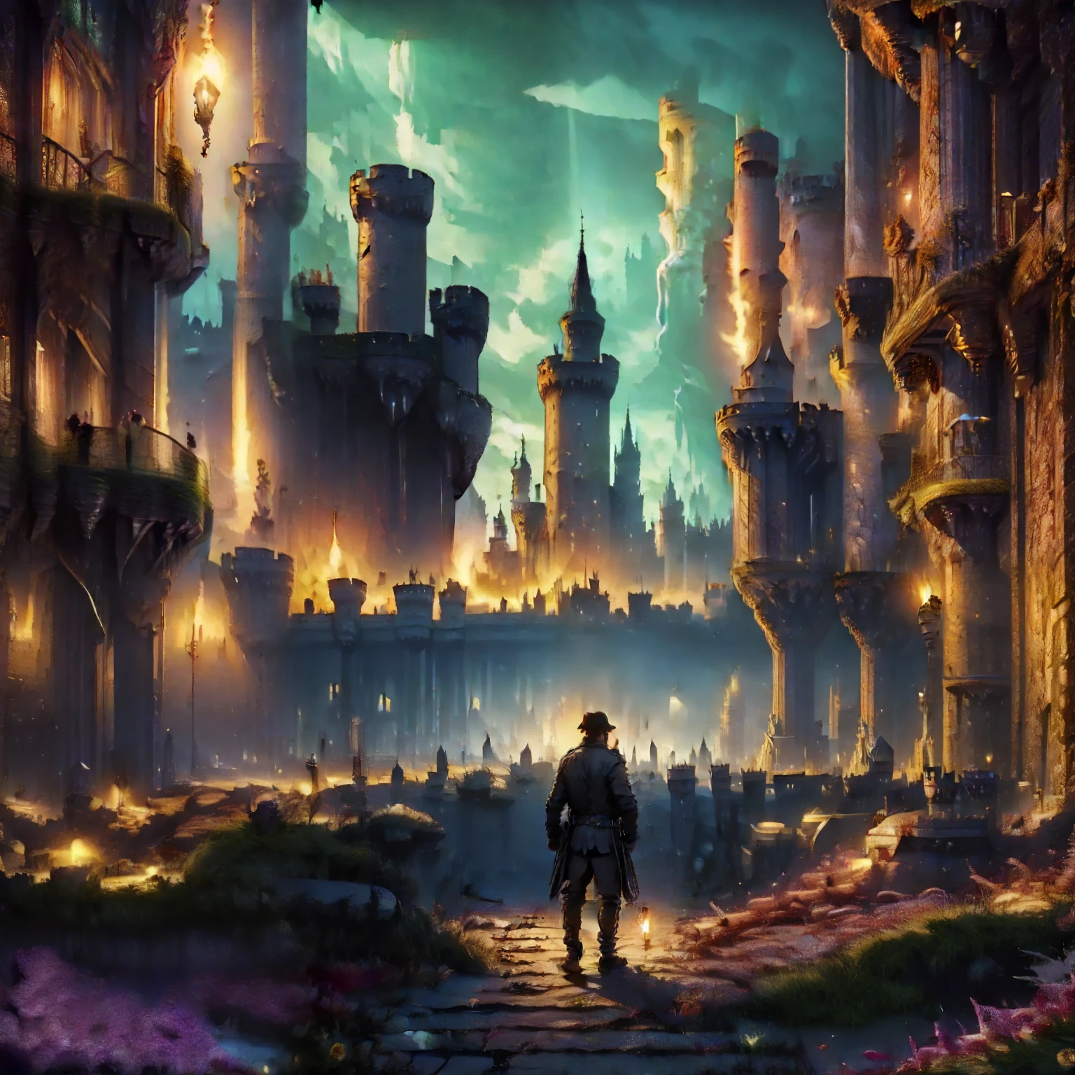 (Underworld Realm :1.2),masterpiece, best quality:1.2),  alone, dark cave 、   Dark Dungeons  、   handheld lantern  、   torch、Great adventure、Adventurer、 dark、((( Darkness))),(Adventurer:1.3),(There is a medieval castle deep underground:1.5),(realistic:1.2),(Medieval palace at the bottom of the pond,(werewolf:1.1),(A composition with a back view of an adventurer in a close-up view and a spectacular underground castle in the distance:1.5), complex composition 