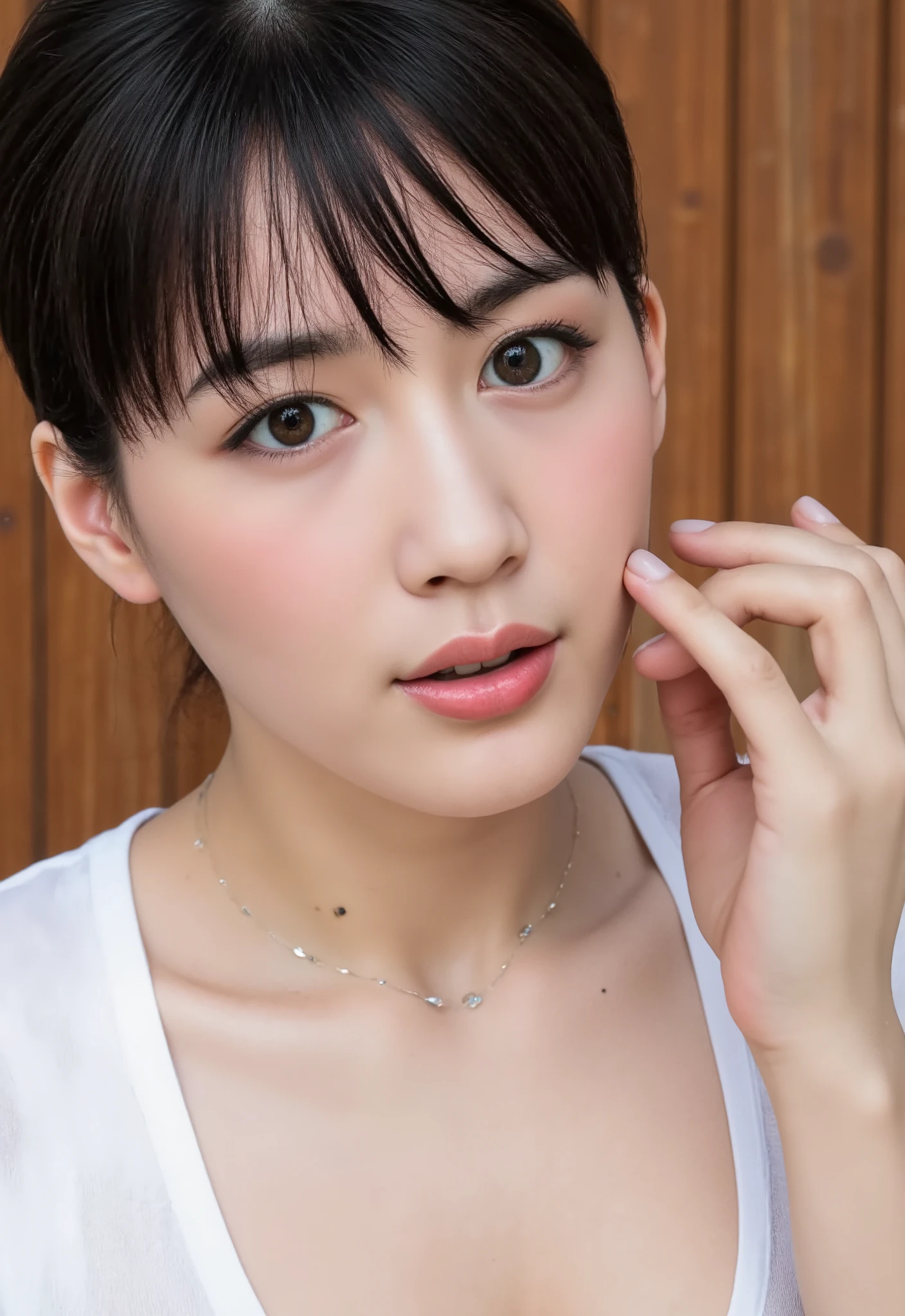 ( by Nomi, photo- by Nomi), ( top quality, Masterpiece), 8k, RAW Photo, high res pics, extremely fine, complicated details, sharp details, sharp concentration, selfie, view from above, looking at camera, Alone, 1 girl, Japanese girls , thin body, skinny, black hair, short blunt buns hair, detailed face, natural makeup , choker, jewelry, ( fellatio gesture , fully open mouth, OK sign in front of your face with one hand:1.2), ( file, White Sheer Blouse, wet close, covered erect nipples, poking nipple with peep cup :1.2), break, ( perfect anatomy, perfect hand), 屋内で, Home,