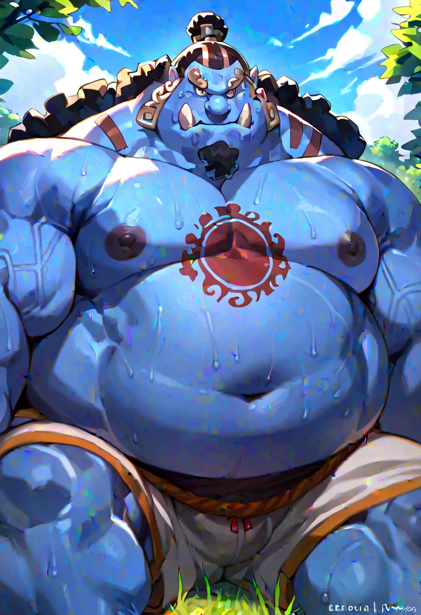 anime character with (blue skin) soaking in the onsen, partially submerged, (tusk out), huge muscular, water, onsen, shirtless, sfw