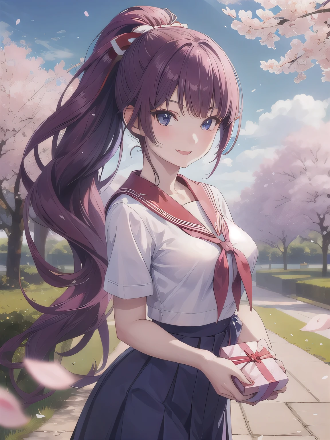 A stunningly beautiful 20-year-old woman stands in a lush green park full of cherry blossoms in full bloom under a clear blue sky. She is wearing a classic sailor uniform and holds a neatly wrapped gift box with a red ribbon in both hands in front of her chest. The box is small, wrapped in decorative paper, and tied with a bow. She looks very happy, with a radiant and joyful expression.A stunningly beautiful 20-year-old woman stands in a lush green park full of cherry blossoms in full bloom under a clear blue sky. She is wearing a classic sailor uniform and holds a neatly wrapped gift box with a red ribbon in both hands in front of her chest. The box is small, wrapped in decorative paper, and tied with a bow. She looks very happy, with a radiant and joyful expression.   long hair,   Ponytail,  Medium Boobs , bangs.