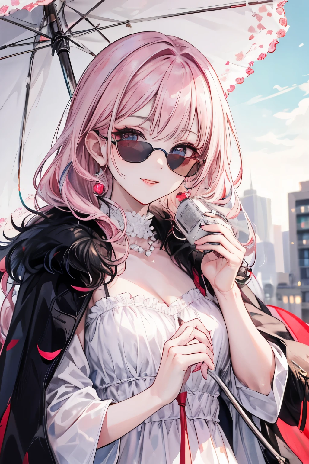 a girl sitting in luxurious yacht with a smile and wink eyes, her cheeks are chubby, her hair is pink, colorful eyes use black sun glasses. holding a glass of wine