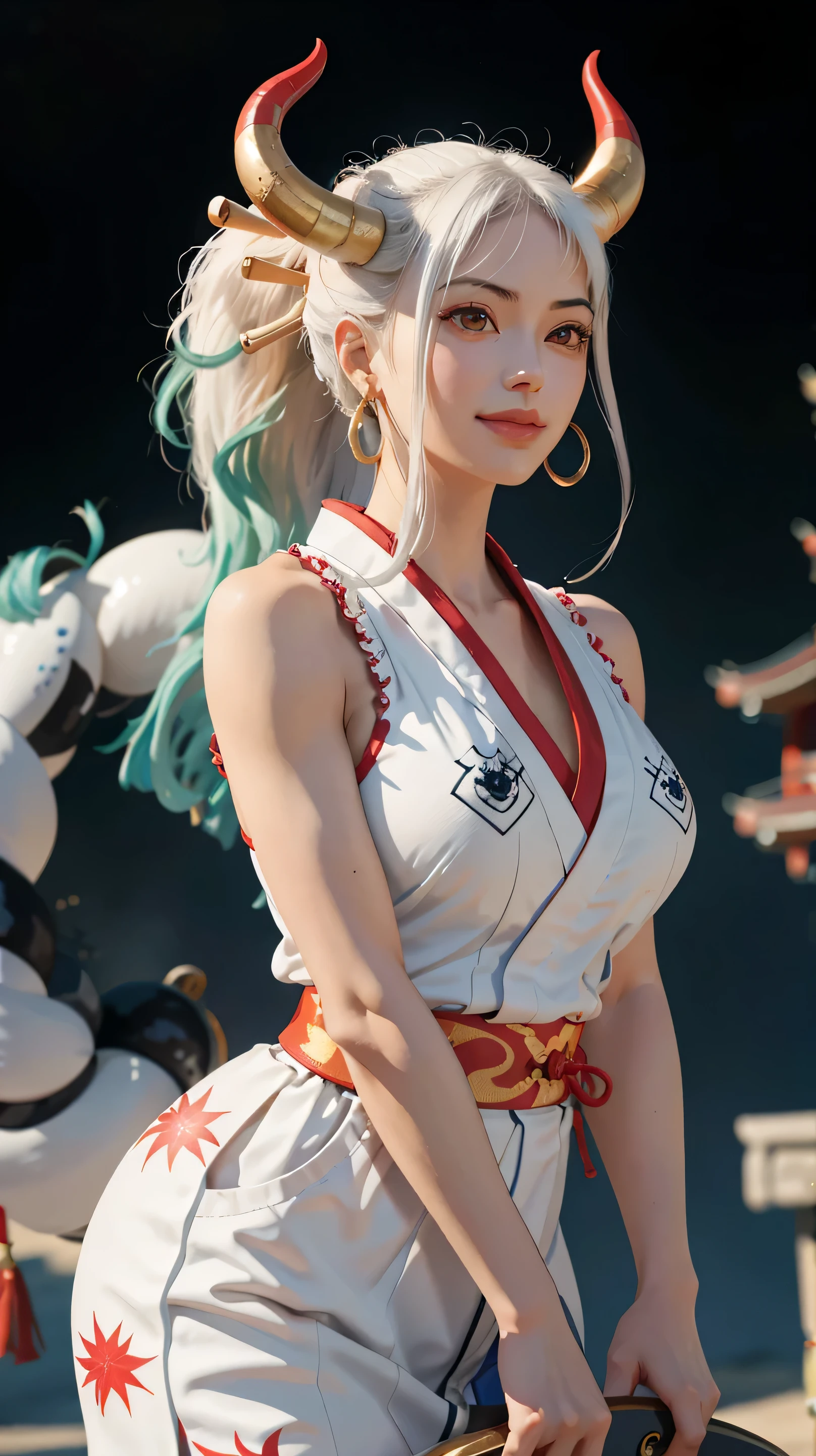 (1mechanical girl:1.4),architecture,east asian architecture,white hair,very long hair,Beautiful eyes,detached sleeves,solo,holding weapon,holding,outdoors,walking,Red Long Dress,turn head,(turn your head to look at viewer:1.3),ethereal,leaning back,standing,pose,Killer,(Left shoulder not exposed:1.4),(Exposed right shoulder:1.4),Gorgeous Headwear,Gorgeous decoration,More decorative details,,(Gorgeous sword:1.1 ),Gold decoration,(Mechanical:1.2),Cyberpunk,reinvention,((ultra realistic details)),portrait,octane render,detailed face,global illumination,ornaments detailed,egypician detail,highly intricate details,realistic light,trending on cgsociety ,glowing eyes,neon details,(machanical limbs:1.2),(mechanical spine:1.6),Metal,(masterpiece, top quality, best quality, official art, beautiful and aesthetic:1.2), (1girl:1.3), extremely detailed ,(fractal art:1.1),(colorful:1.1)(flowers:1.3),highest detailed,(zentangle:1.2), (dynamic pose), (abstract background:1.3), (many colors:1.4),(earrings) , (feathers:1.5)..