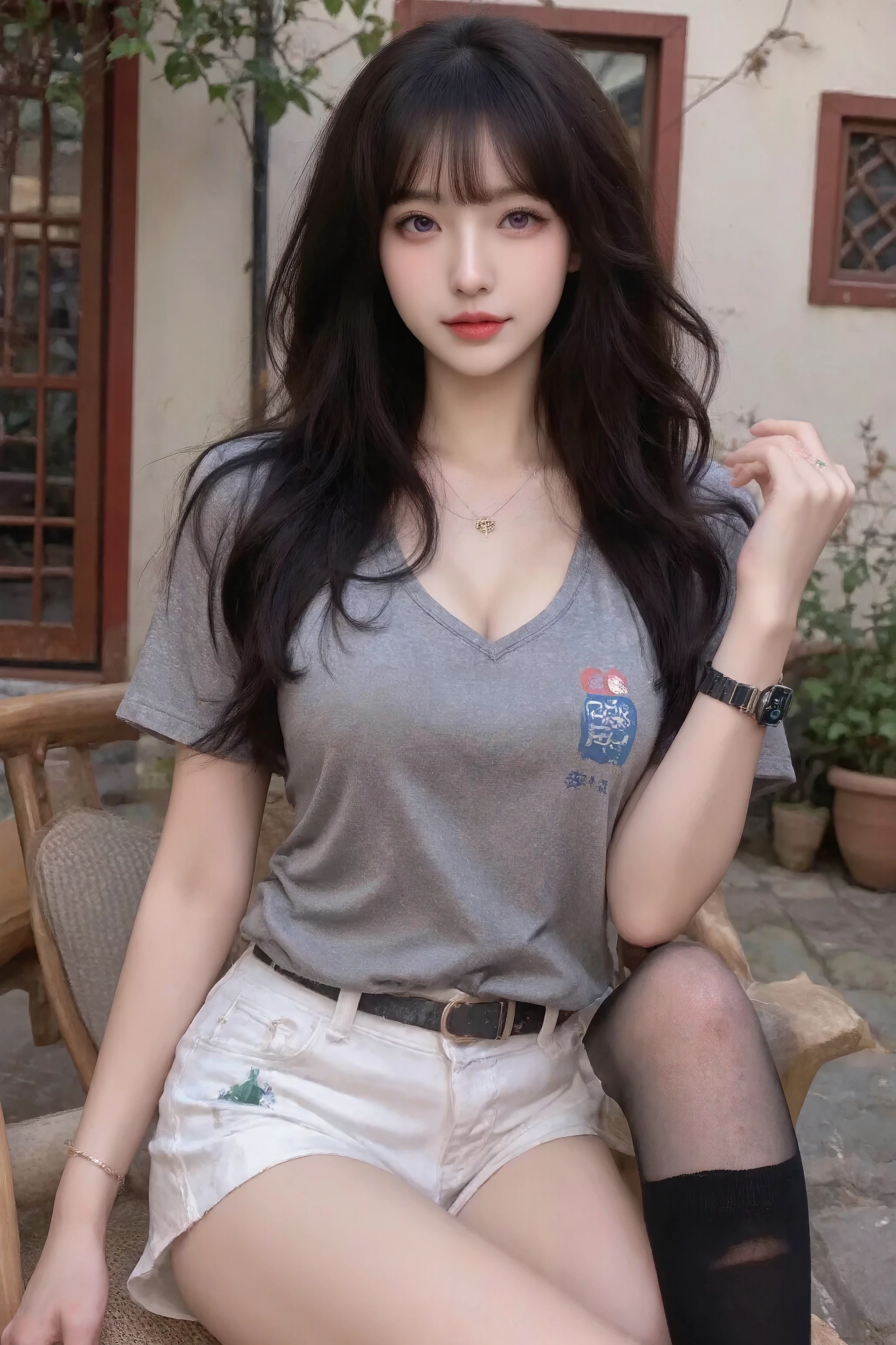  super detailed: 1.5,  high resolution,  sharp focus: 1.5,  highest quality,  high quality , Realism, Dim lighting : 1.2, Depth of Field, Bokeh, 
 Beautiful Detailed Face ,  fair skin: 1.2, Oval face, long black micro-curly hair， Air Bangs,  purple eyes, Bright red lipstick,  red eyeshadow, Natural neck length,  Beautiful Hands ,  Perfect Fit,  anatomically correct ,  Wada jade lucky bracelet，Apple watch，
grey casual t-shirt, pure white triangle denim shorts,  black stockings ,  Detailed Cloth Texture , Detailed hair textures, E-mask, raised chest，
whole body, Sit sideways in a chair,  dynamic pose,  looking at the camera, Innocent smile，
classical courtyard background ,  soft natural light