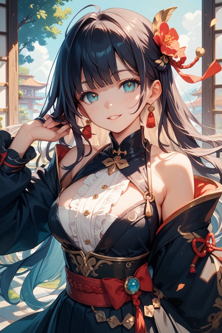 absurdres, RAW photo, extremely delicate and beautiful, masterpiece, Best Quality, ultra high resolution, 32k, hyperrealistic, ultra-detailed, in her 20s, delicate facial features, beautiful detailed girl, extremely detailed eyes and face, beautiful detailed eyes, tearful mole, earring, medium breasts, full body shot, shorter middle hair, black hair, jiangshi,
