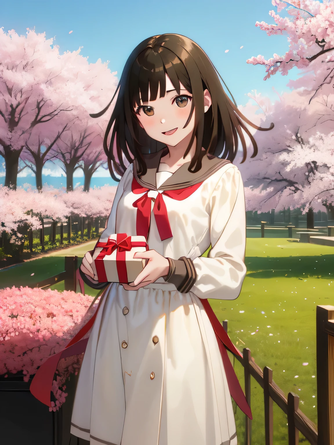 A stunningly beautiful 20-year-old woman stands in a lush green park full of cherry blossoms in full bloom under a clear blue sky. She is wearing a classic sailor uniform and holds a neatly wrapped gift box with a red ribbon in both hands in front of her chest. The box is small, wrapped in decorative paper, and tied with a bow. She looks very happy, with a radiant and joyful expression.A stunningly beautiful 20-year-old woman stands in a lush green park full of cherry blossoms in full bloom under a clear blue sky. She is wearing a classic sailor uniform and holds a neatly wrapped gift box with a red ribbon in both hands in front of her chest. The box is small, wrapped in decorative paper, and tied with a bow. She looks very happy, with a radiant and joyful expression. medium hair , brown hair, brown eyes, bangs, blunt bangs.