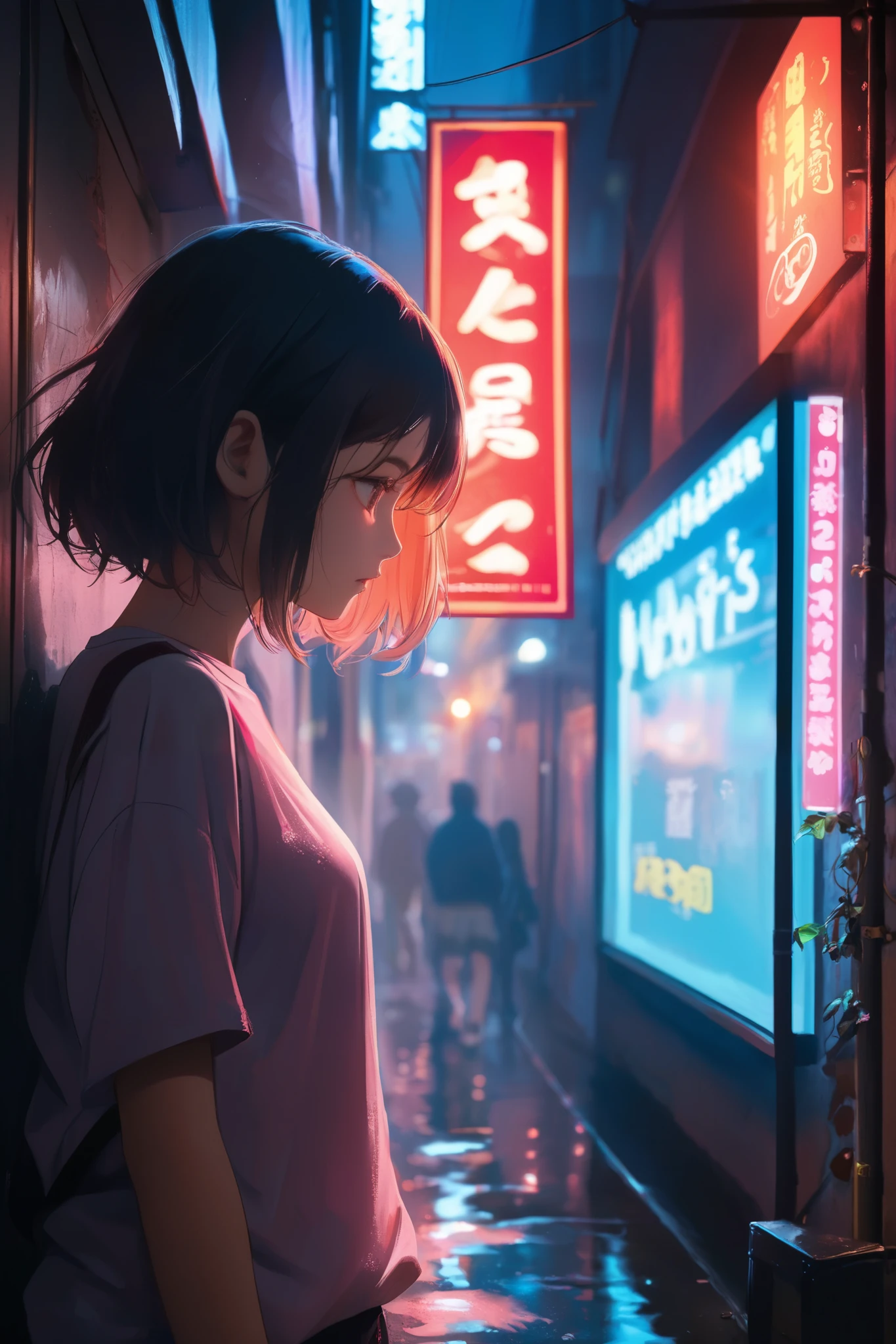 "A young woman stands alone under the flickering neon glow of a desolate alleyway, the city humming softly in the distance. Her short, messy bob—black roots fading into blonde tips—catches the cold blue and red lights spilling from a buzzing sign above. She wears an oversized white t-shirt, its bold pink and orange anime print distorted by the dim, cinematic shadows wrapping around her body. A faint drizzle slicks the pavement, reflecting the neon haze like a dream slipping through time. Her hand loosely grips a pink curling iron, still warm, its cord dangling like an afterthought, a remnant of something unfinished. Her lips are slightly parted, eyes heavy with a quiet loneliness, as if searching for something—or someone—just beyond reach. The scene is drenched in Wong Kar-Wai’s signature melancholy: blurred lights, grainy textures, slow-motion cigarette smoke curling into the night, and the feeling that this moment, too, will fade away like a half-remembered dream."