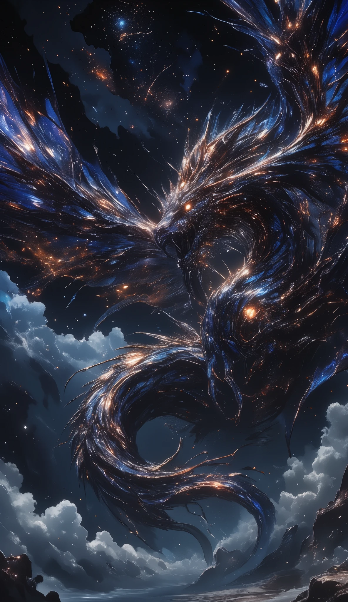(Imagine a dragon that embodies elegance and grace, soaring through the dark skies. Its scales shimmer in a multitude of colors like an iridescent tapestry, reflecting an intricate play of dark blues, purples, and hints of gold. The dragon possesses slender, elongated wings, reminiscent of a bat but with a translucent quality, as if it could disappear into the night at any moment. Its eyes are a piercing amber, glowing with an ancient, knowing wisdom that has witnessed countless eras pass. The dragon's form is both ethereal and imposing, with a tail that tapers off into fine tendrils, leaving a trail of ethereal mist. The entire scene is enveloped in an atmosphere of otherworldly majesty, amidst a sky dotted with stars, occasionally interrupted by distant clouds illuminated by lightning flashes. The ground below is obscured by a thick, rolling mist, contributing to the mystique. The style of the image draws heavily from the unique artistry of Yoshitaka Amano, with its fluid lines and a dreamlike quality that fans of Final Fantasy would instantly recognize, blending elements of dark fantasy with a touch of the surreal.)