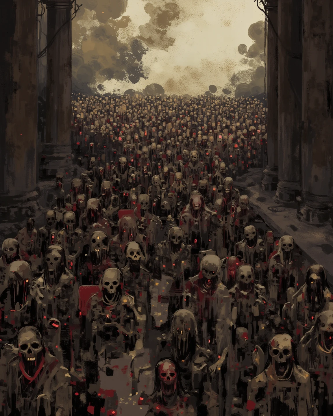 (((crowd of black metal zombies))), detailed background, close-up, amazing fine detail, (new dawn on horizon), (((horror anime drawing)))