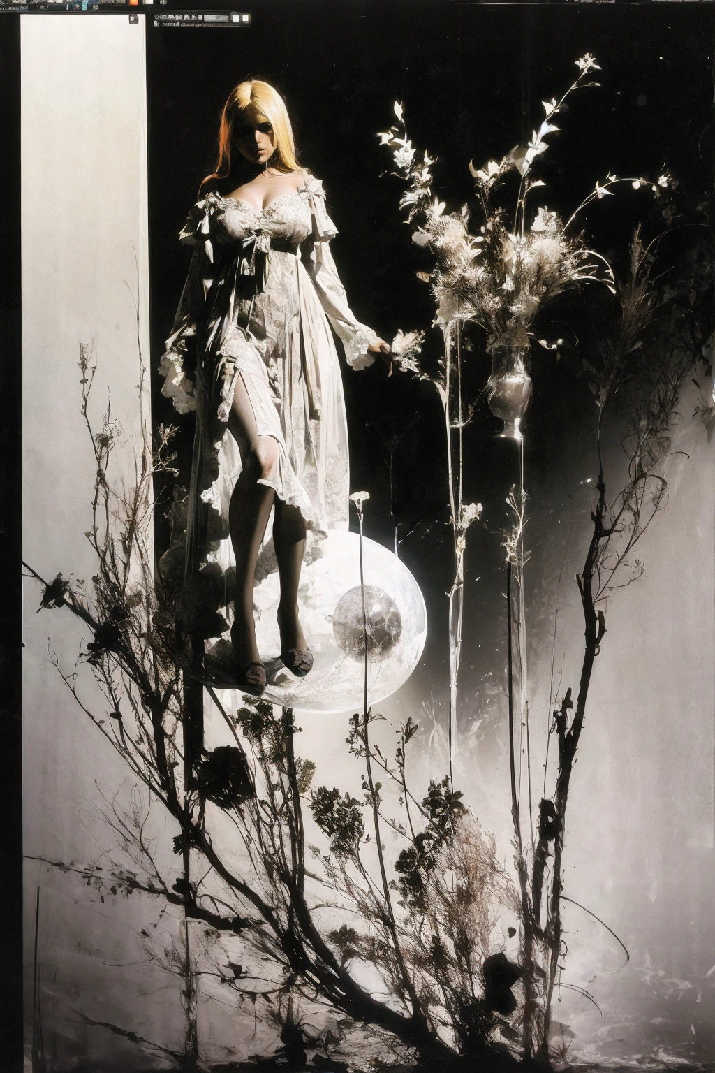 Photoshoot of a Beautiful full body woman in Wonder dress made of shimer and ethereal fabric from the Christmas Retro-Futuristic, Art Nouveau, double exposure. Detailed splatter digital painting , lines art, dark fantasy, acrylic masterpiece in the style of Craola, Andy Kehoe, Dorian Vallejo, Damian Lechoszest, Todd Lockwood, made by DamShelma