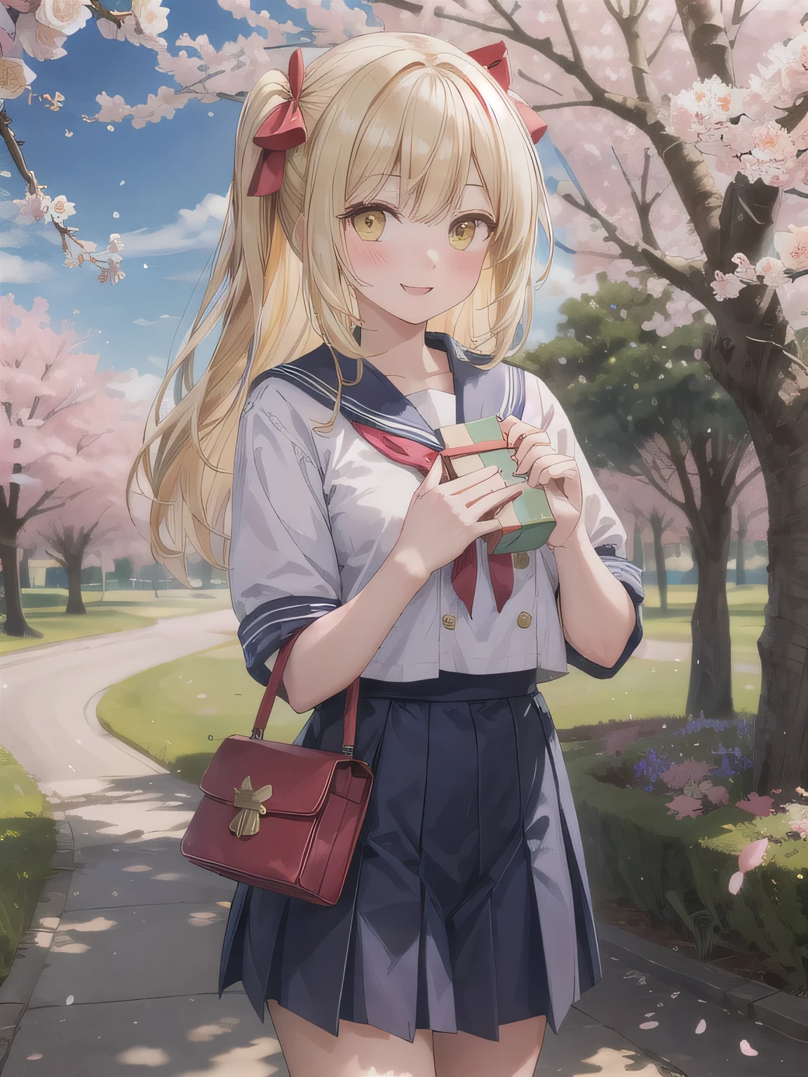 A stunningly beautiful 20-year-old woman stands in a lush green park full of cherry blossoms in full bloom under a clear blue sky. She is wearing a classic sailor uniform and holds a neatly wrapped gift box with a red ribbon in both hands in front of her chest. The box is small, wrapped in decorative paper, and tied with a bow. She looks very happy, with a radiant and joyful expression.A stunningly beautiful 20-year-old woman stands in a lush green park full of cherry blossoms in full bloom under a clear blue sky. She is wearing a classic sailor uniform and holds a neatly wrapped gift box with a red ribbon in both hands in front of her chest. The box is small, wrapped in decorative paper, and tied with a bow. She looks very happy, with a radiant and joyful expression. Medium Boobs , yellow eyes, yellow hair, long hair.