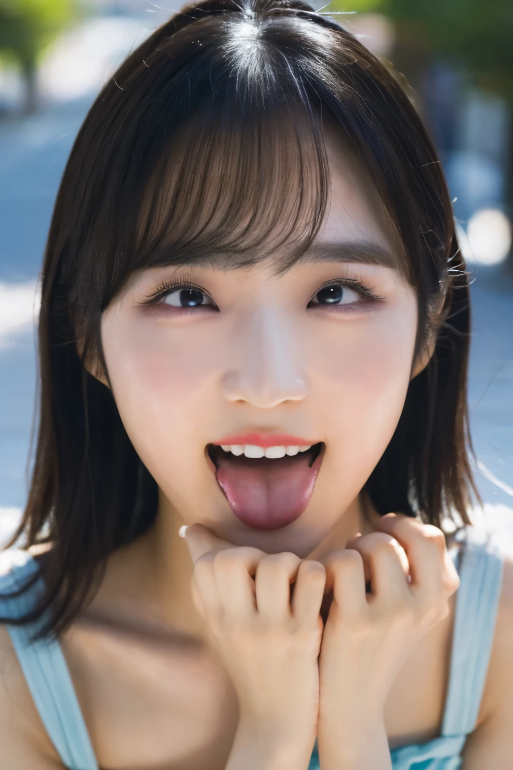 one woman, Korean idol, (She opens her mouth wide:1.6), she looks up at the sky, (POV:1.2), composition looking down on her, Composition of the camera shooting from above, On the bustling street , Close-up of face , masterpiece, highres, high-resolution, 8k,8k portrait , realistic, RAW photo, real person, portrait photography, photo realistic, detailed skin, (best quality, Ultra detailed: 1.2),