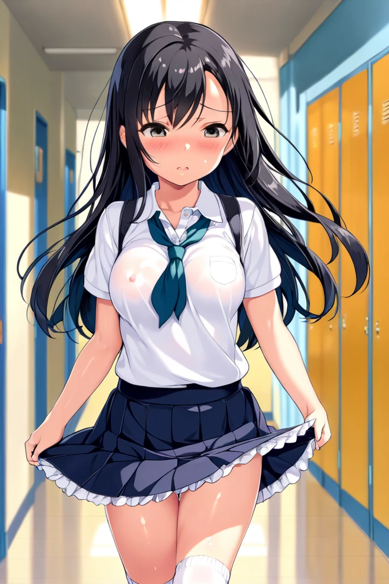 masterpiece, highest quality, Very detailed, 16k, Ultra-high resolution, Cowboy Shot, -yeld fee, Detailed face, (blush:1.5), (Embarrassing:1.6), Super big boobs, black eye, Black Hair, Long Hair, Braid, jcf, shirt,skirt, School classroom, (Skirt flip:1.7), (Lift up the skirt:1.7), (Roll-up skirt:1.3), (Full-fledged panties:1.5), Black panties, (erect nipples:1.6), upright