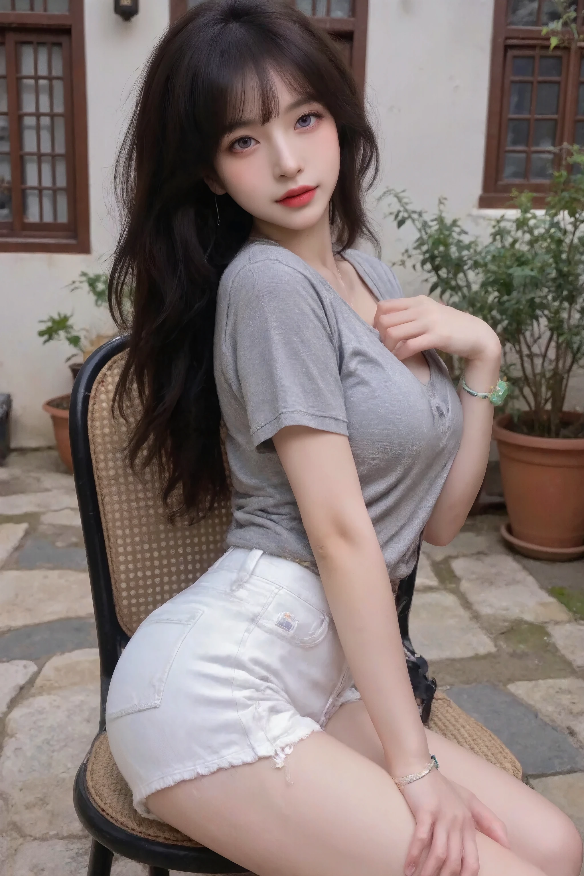 super detailed: 1.5, high resolution, sharp focus: 1.5, highest quality, high quality , Realism, Dim lighting : 1.2, Depth of Field, Bokeh,
Beautiful Detailed Face , fair skin: 1.2, Oval face, long black micro-curly hair, Air Bangs, purple eyes, Bright red lipstick, red eyeshadow, Natural neck length, Beautiful Hands , Perfect Fit, anatomically correct , Wada jade lucky bracelet,Apple watch,
grey casual t-shirt, pure white triangle denim shorts, Detailed Cloth Texture , Detailed hair textures, E-mask, raised chest,
whole body, Sit sideways in a chair, dynamic pose, looking at the camera, Innocent smile,
classical courtyard background , soft natural light