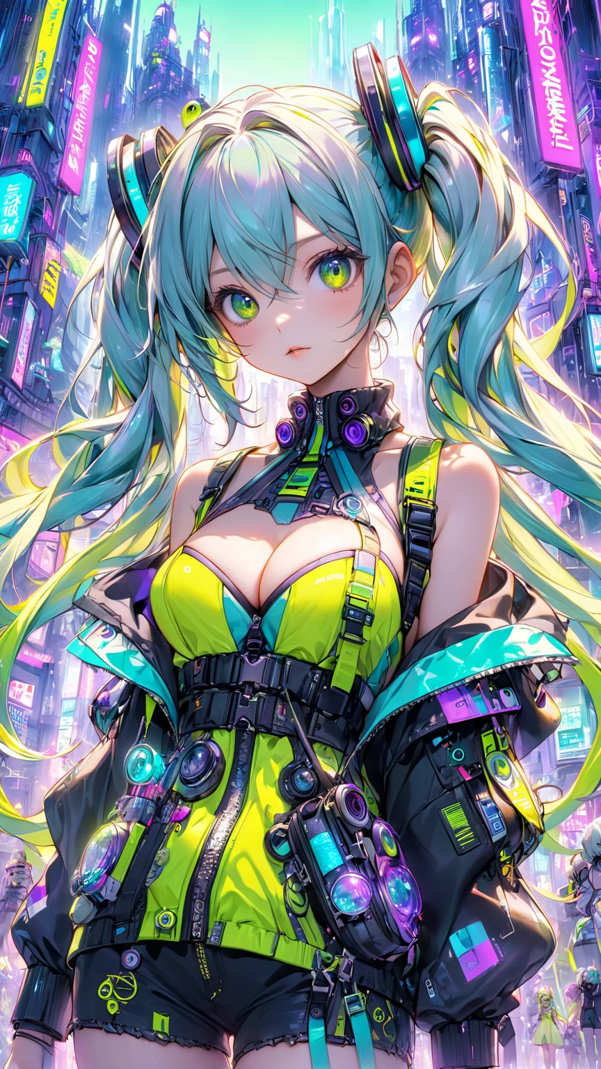 Create a high-resolution, visually stunning portrait that captures the essence of Hatsune Miku, the digital singing sensation known for her distinctive voice and signature blue-green hair. Dress her in futuristic or cyberpunk-inspired attire that reflects her unique persona. Compositionally, draw inspiration from National Geographic photography to create a sense of depth and realism, emphasizing natural lighting, vivid colors, and an immersive environment. Ensure the final image is presented in ultra-high definition quality to showcase every detail and bring Miku's virtual world to life with breathtaking clarity.