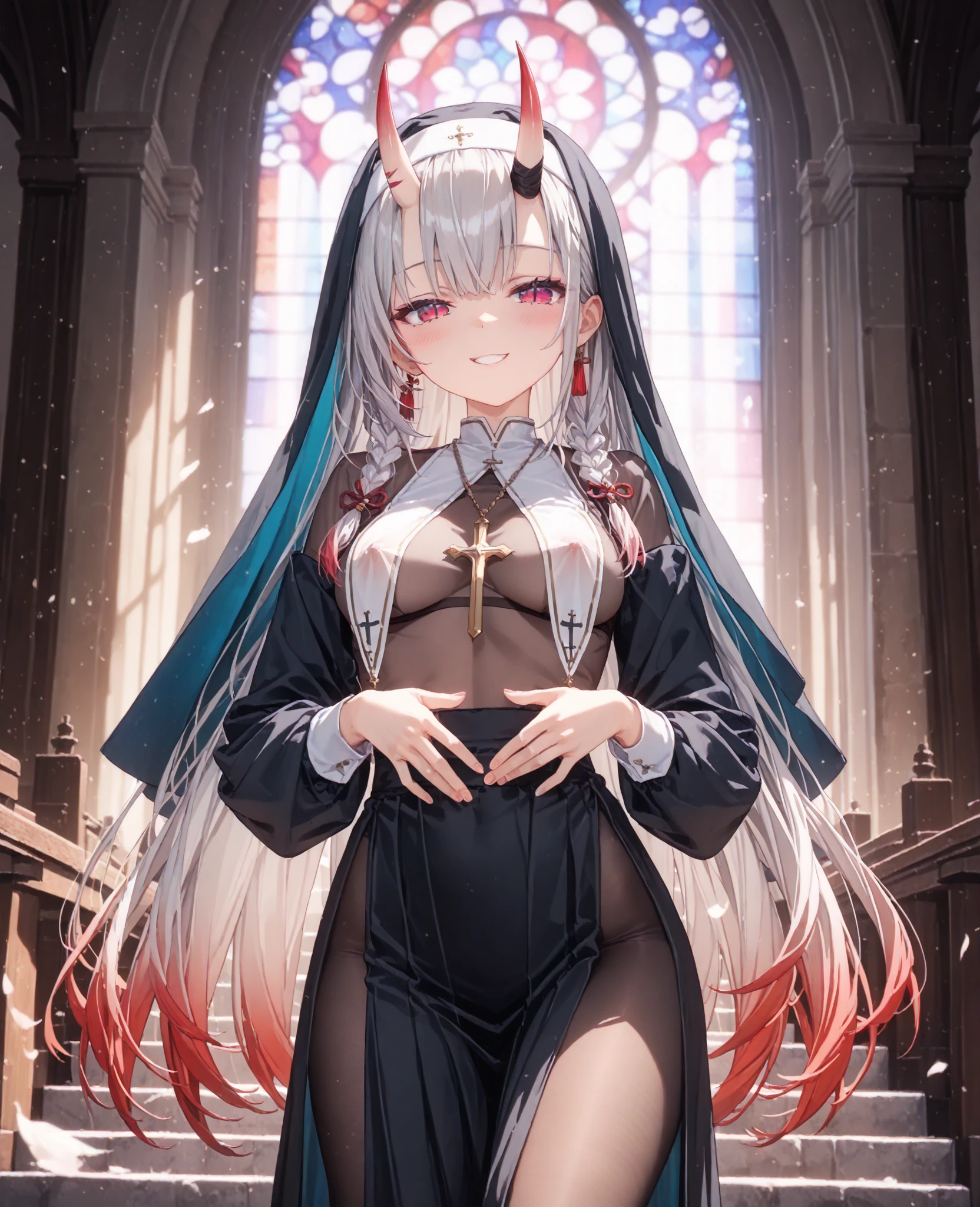 ((masterpiece, of the highest quality, Best Quality, Official art, Beautiful and aesthetic, Highly detailed, highest details)), ((Ultra-detailed)), (High definition illustration), ((extremely delicate and beautiful)),very detailed illustration, 8K Wallpaper, bloom effect, light rays, strong light coming in, Deep Shadows:1.5)), Cinematic Light, (shoot from front), (1Anime girl:1.3), (Lori:1.5),perfect hands, detailed fingers, detailed eyes, Solo, Full body, mirrornun, portraitures, Pray in Church, Saint a girl, Cultivated woman, Different colored eyes, Different colored eyes, ((Super Detail Eyes:1.5)), (Heterochromia: golden eyes, black eyes), Huge multi-layered pupils with color gradients, ((Glitter pupils)), ((Crystal pupil:1.2)), (Gradient color eyes), Looking at Viewer, red blush, bashful, Mouth closed, (Silver hair, very long hair:1.3, Blunt bangs:1.2, Braids:1.4), White skin, (Flat chest:1.5), (reverse outfit, Navel, breasts, Revealing clothes, Bare waist, Fusion Bikini Bottoms and Black Fishnet Tights_Black pantyhose, White Super Micro Bikini:1.5), (pubic tattoo:1.3), (a white veil:1.3, golden embroidery, White long robe, Peel off your clothes), Pure white cape, (Halo:1.3), custom, praying, intertwining fingers, (intertwining fingers under the chest:1.4), brilliance, (kneeling in prayer:1.3), (church background, stain glass, Gorgeous pillars, Luxurious decoration of the walls),