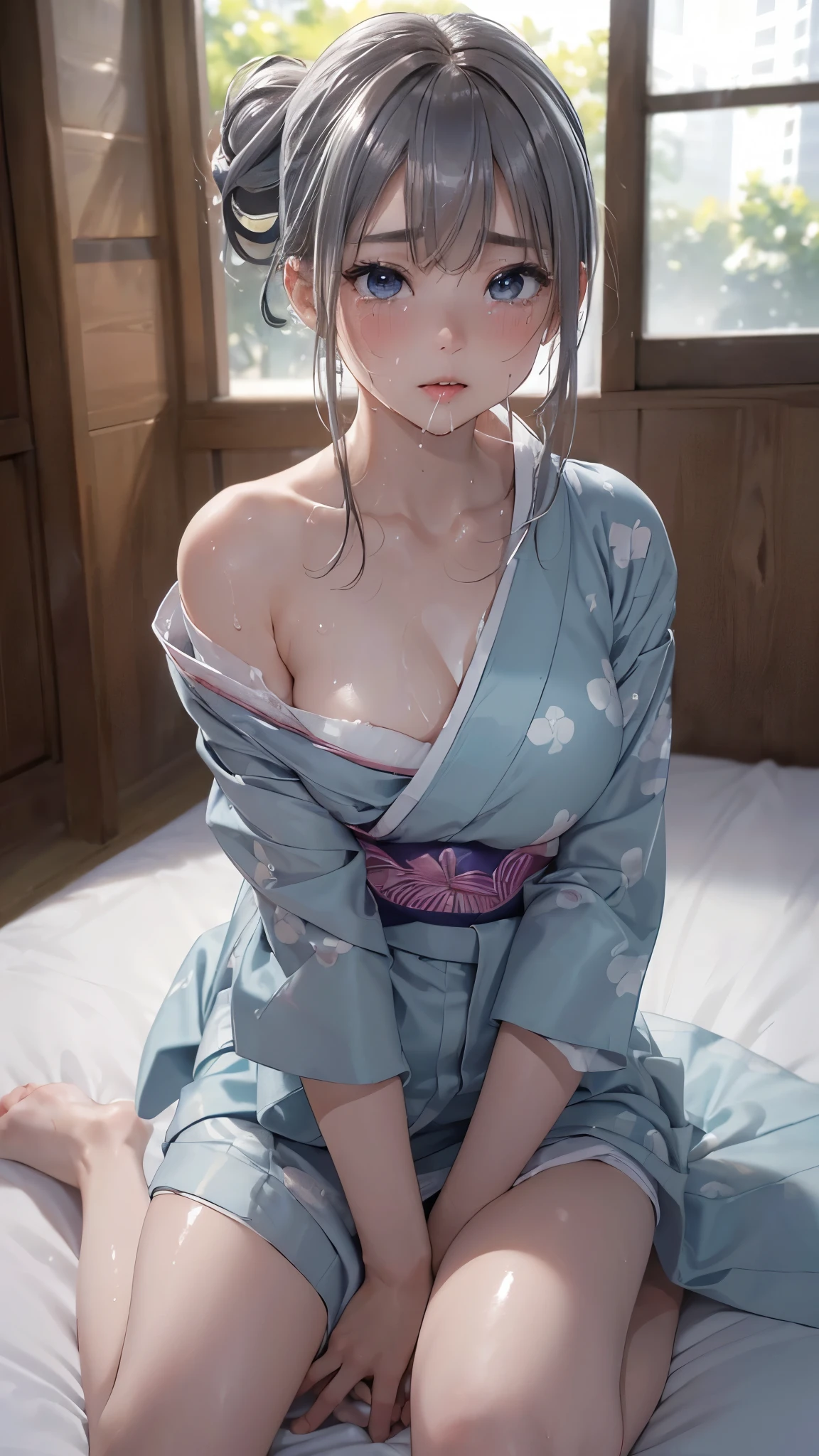 (  Masterpiece: 1.3), (   maximum resolution : 1.2), (  ultra HD TV  : 1.2),     cinematic light   ,   8k resolution for  ren,    detailed facial features from genitals   , (   sharp concentration: 1.2）, (  face :1.2),  perfect style,   beautiful face, Acura,    Anatomically Accurate ,   high definition face and skin texture,   beautiful eyes,  beautiful eyes,   thin eyebrows,  Natural blush,   GROWING SKIN,   white skin: 1.2, (  glossy lips: 1.4),、 (    embarrassing looks  : 1.2),  high definition face and skin texture,  Natural blush, ,   glossy lips: 1.4,  perfect style、 chest、  soft breasted 、（    semen on chest:1.4）（Cum on thighs 1.2）、     sweaty  、、   humiliating expression 、 With an uneasy expression 、  expression of fear、  Embarrassing expression 、anger、sorrow、tears、Open your knees、 feet 、   white underwear、  dirty clothes 、  Sweating in the Center of the City  、 Thin underwear  、 29 years old 、   clear  ,   neat clothes  ,1 person、   was excited,   Japanese-style room  、  Late Night、  Silver Hair、  Greenish Gray Eyes  、  beautiful eyes、(  light blue kimono:1.3)、  take off clothes  、   Classified 、 on the bed、（仰向けで布団に  lies down、  lies down、 white sheets to hold back tears:1.7）、  hair tied 、
