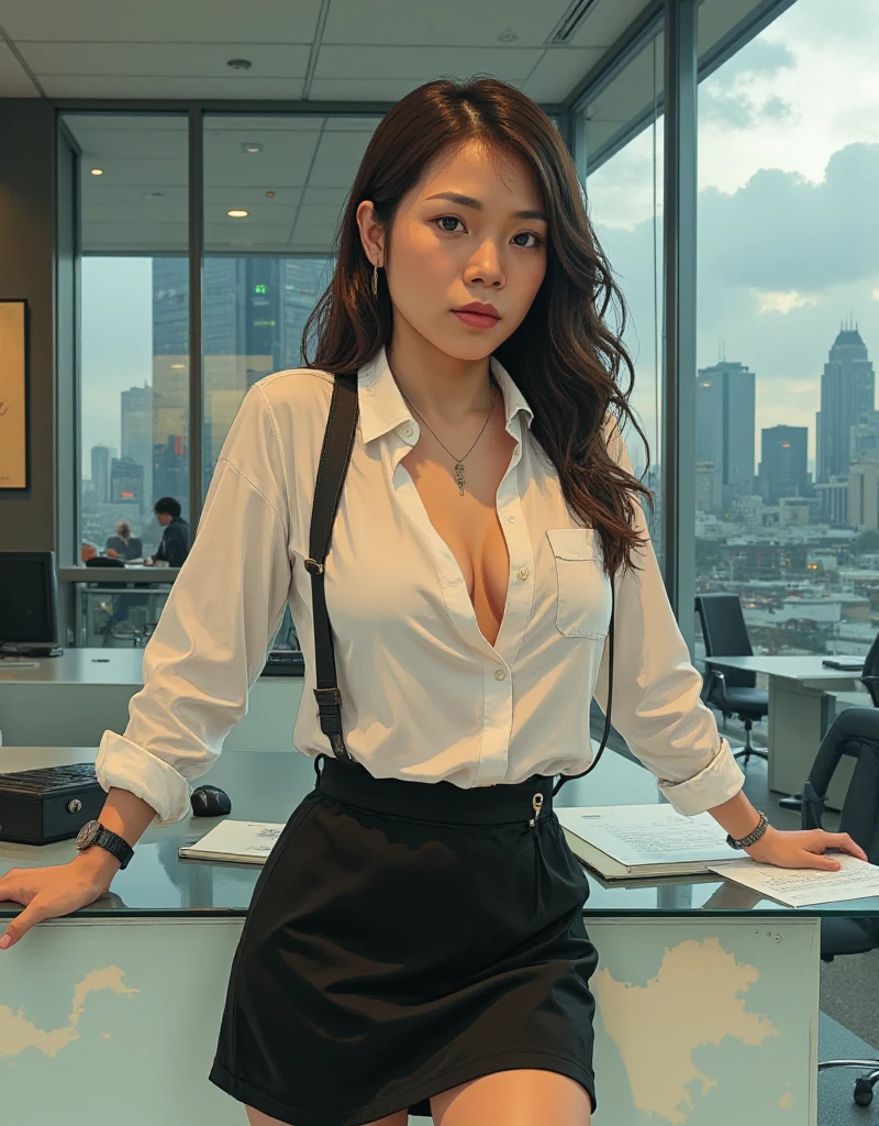 Seduction in a Singapore office, blouse, thunderstorm, gloomy, far future