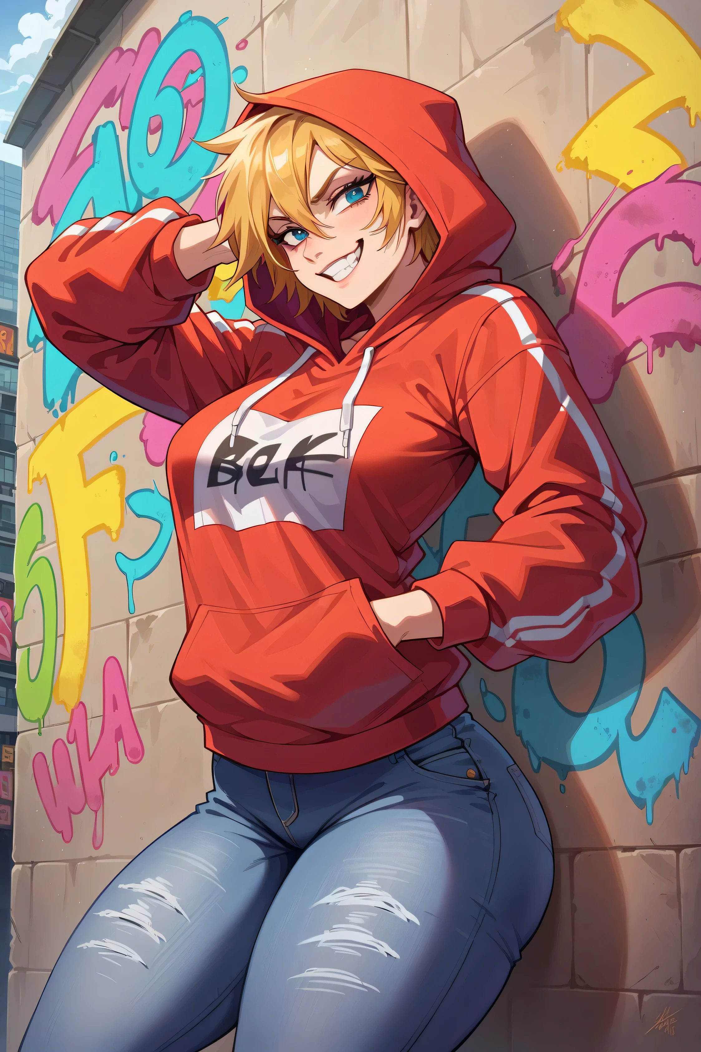 High resolution, 4k, best quality of A strikingly confident tomboy with a curvy, athletic build—wide hips and thick thighs that emphasize her powerful stance, contrasted by a small bust. She wears an oversized hoodie, slightly lifted to reveal a toned waist, paired with baggy jeans that hug her hips just right, exuding effortless swagger. Her short, tousled hair falls messily over her sharp, mischievous eyes, giving her a bold and playful energy. She leans casually against a graffiti-covered wall, one hand resting in her pocket while the other tugs at her hoodie with a teasing smirk. The city lights cast a neon glow on her, blending deep blues and purples into the night air, creating an electrifying and cinematic atmosphere. There's an undeniable magnetism in her posture—laid-back, self-assured, effortlessly seductive without even trying.