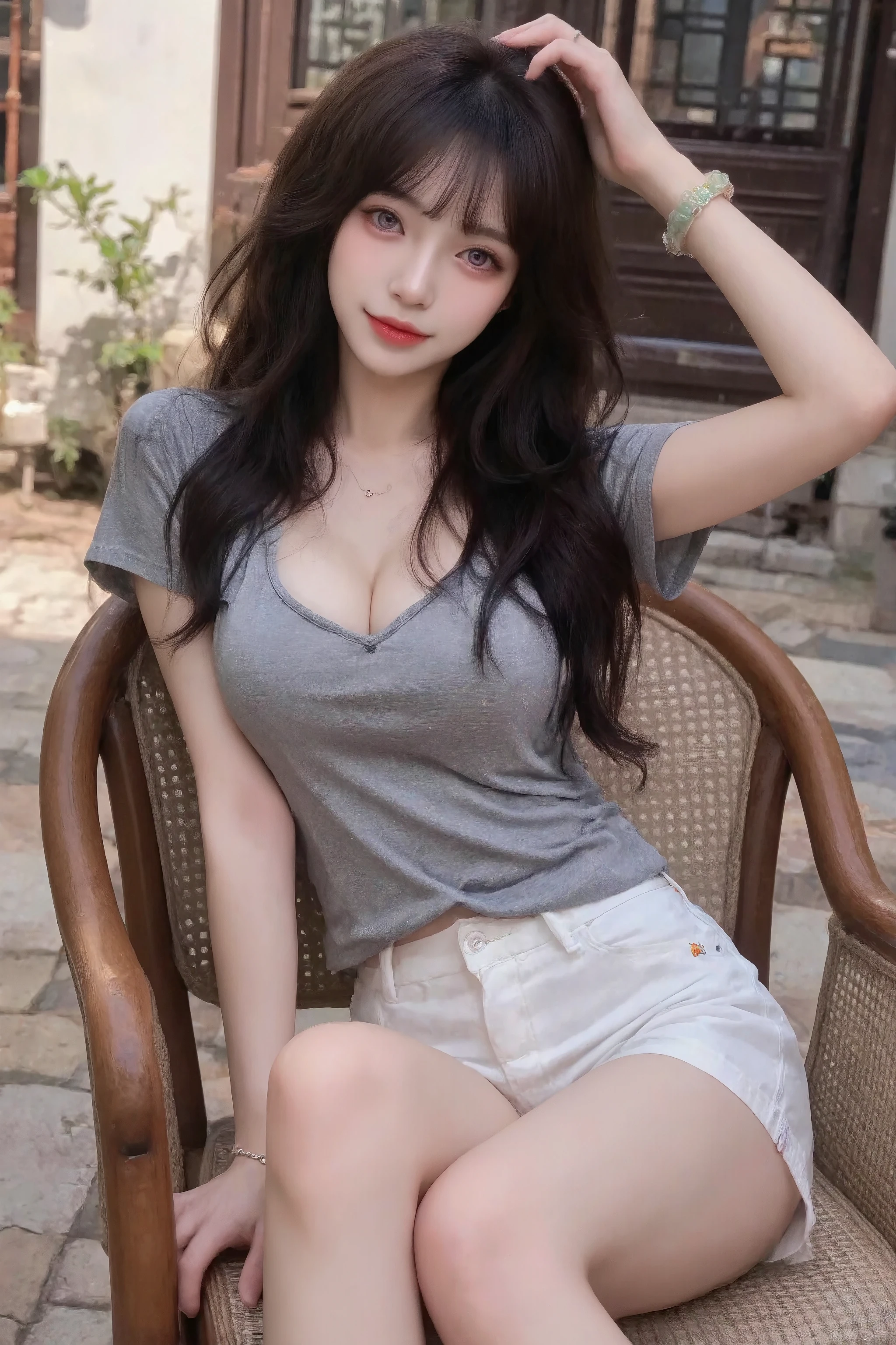 super detailed: 1.5, high resolution, sharp focus: 1.5, highest quality, high quality , Realism, Dim lighting : 1.2, Depth of Field, Bokeh,
Beautiful Detailed Face , fair skin: 1.2, Oval face, long black micro-curly hair, Air Bangs, purple eyes, Bright red lipstick, red eyeshadow, Natural neck length, Beautiful Hands , Perfect Fit, anatomically correct , Wada jade lucky bracelet,Apple watch,
grey casual t-shirt, pure white triangle denim shorts, Detailed Cloth Texture , Detailed hair textures, E-mask, raised chest,
whole body, Sit sideways in a chair, dynamic pose, looking at the camera, Innocent smile,
classical courtyard background , soft natural light