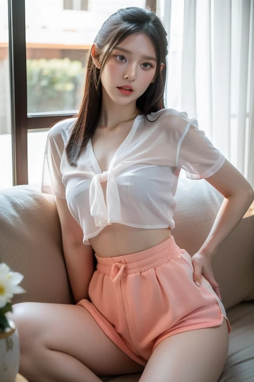 Best quality, highres, 8k,, masterpiece, immersive atmosphere, chiaroscuro:(1.5,bright light:1.2, luminous lighting),(background blur:1.5),blurring,
A sexy korean female, 22 years old, beautiful female, red velvet irene, short blonde hair, blonde bangs, delicate features, clear white skin, pretty detailed nose, (real skin texture:1.3)(sexy figure:1.1),bright pink lips, sexy detailed lips, ,ponytail,
, excited face, photogenic face, female, seductive, blushing face, green pretty eyes, realistic detailed eyes, open mouth showing teeth and tongue out, coming out from mouth,
Sitting in a couch, crossed legs,wearing a white top tube shirt and, wearing white sexy shorts, show navel, medium breasts,