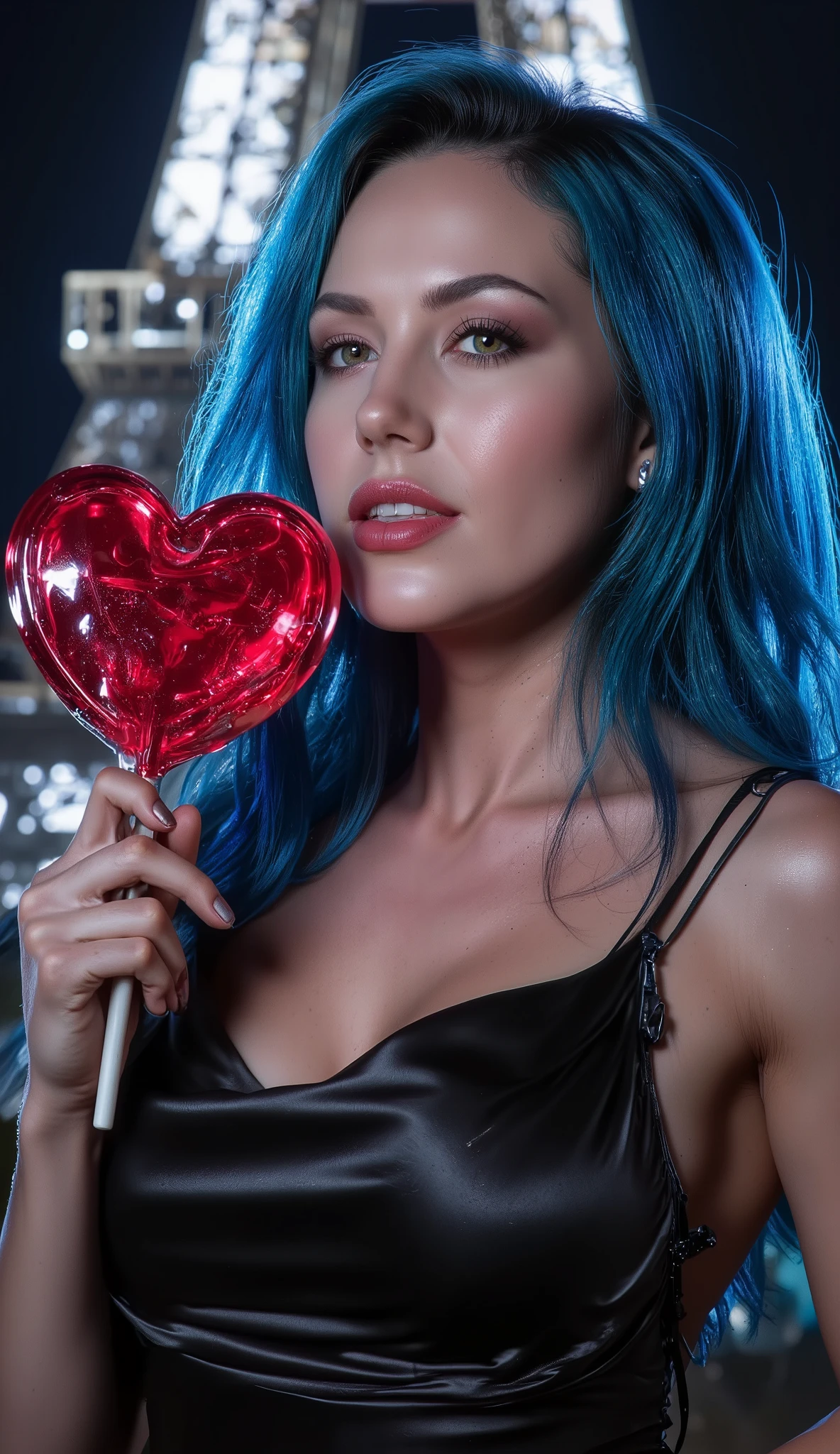 photorealistic image of a women, ultrarealistic, Photography, women, hourglass figure, perfect body, flirtatious look, big breasts, blurred background, (((she grab with her hand))) a big red heart-shaped sugar glossy semi translucent lollipop close to her mouth, lips with bright, glossy, vibrant red lipstick. Lips are slightly parted, with a playful, slightly mischievous expression as biting the lollipop, teeth visible, seductive look, (((sexy SMILE))), seductive, long eyelashes, cat eye makeup, please keep the exact and precise facial and hair details of the selected LoRA, keep the LoRA iconic hairstyle, set the scenario in Paris, behind her should be the iconic eiffel tower at midnight, FITTED BLACK DRESS, the camera angle should find the best spot to take the photo, blue electric hair