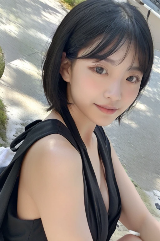 ((highest quality)), ((masterpiece)), (detailed), 
Chest-length hair，Dark brown hair，Wearing a one-piece dress，girl，Daytime Cafe，black eye，No bangs，