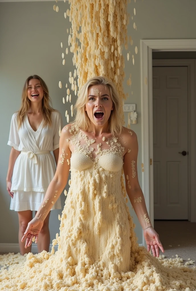 A shocked 30 year old nude blonde oatmeal pours down covering her head