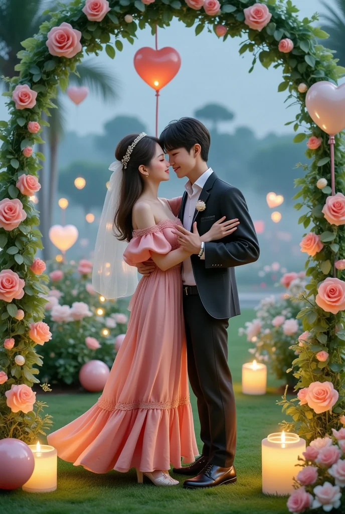 Sharing a romantic dance , Valentine's Day,一对情侣在迷人的garden中心跳浪漫的舞蹈. The scene is illuminated by floating candles and lanterns , projects a warm , softly. garden , From the delicate petals of flowers to the lush green leaves , The intricate details are presented in amazing 8K resolution . The couple, Lost in your arms , radiates a deep sense of love and connection . The atmosphere is full of magical and dreamy quality , The surrounding environment is enhanced by soft light and serene beauty .