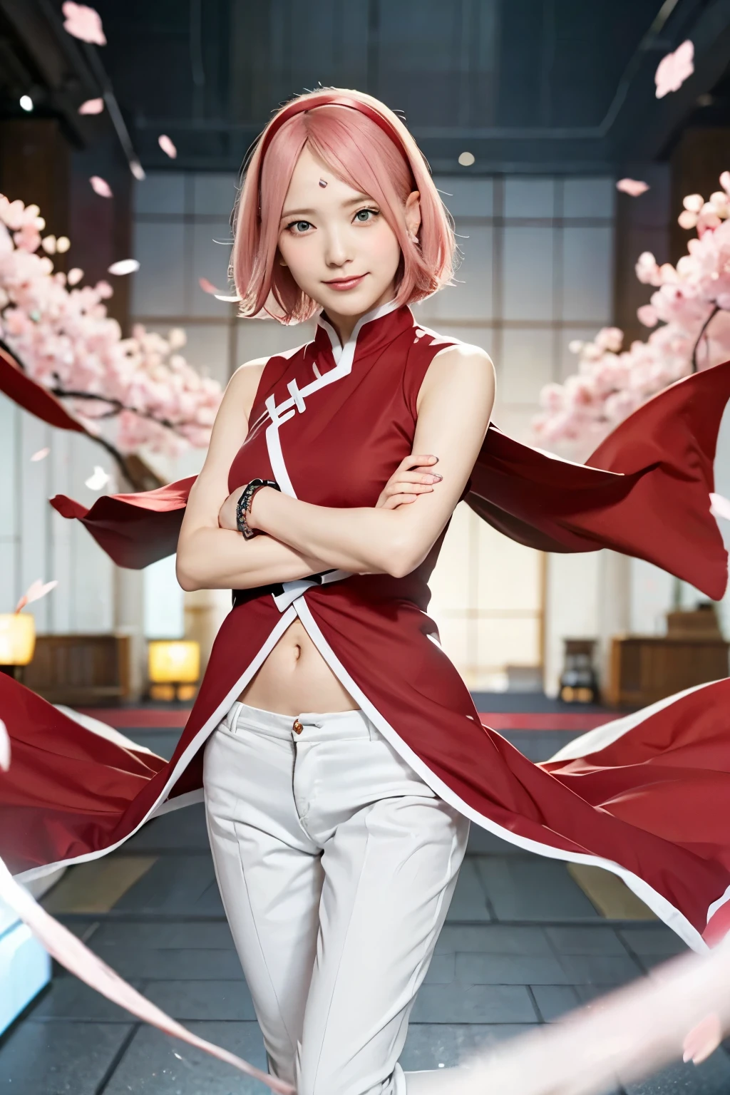 masterpiece , absurdres , 1girl , haruno Sakura medical room,forehead mark , red headband, red sleeveless dress , white pants ,navel, crotch , bracelet , looking towards the audience, crossed arms , smile , cherry blossoms, Wind , floating hair , cleavage , store bryster, ULTRA REALISTIC, high resolution ,green eyes , face detail, sexy boobs, nose detail ,