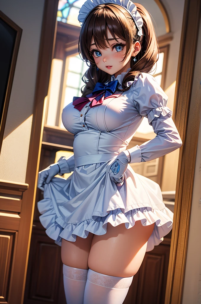 Highest quality,Highest Resolution,Smiling beautiful woman in maid leotard,Super High Leg,Knee-high stockings,Very beautiful eyes,Standing posture,Place your hands behind your head.,Bedroom,