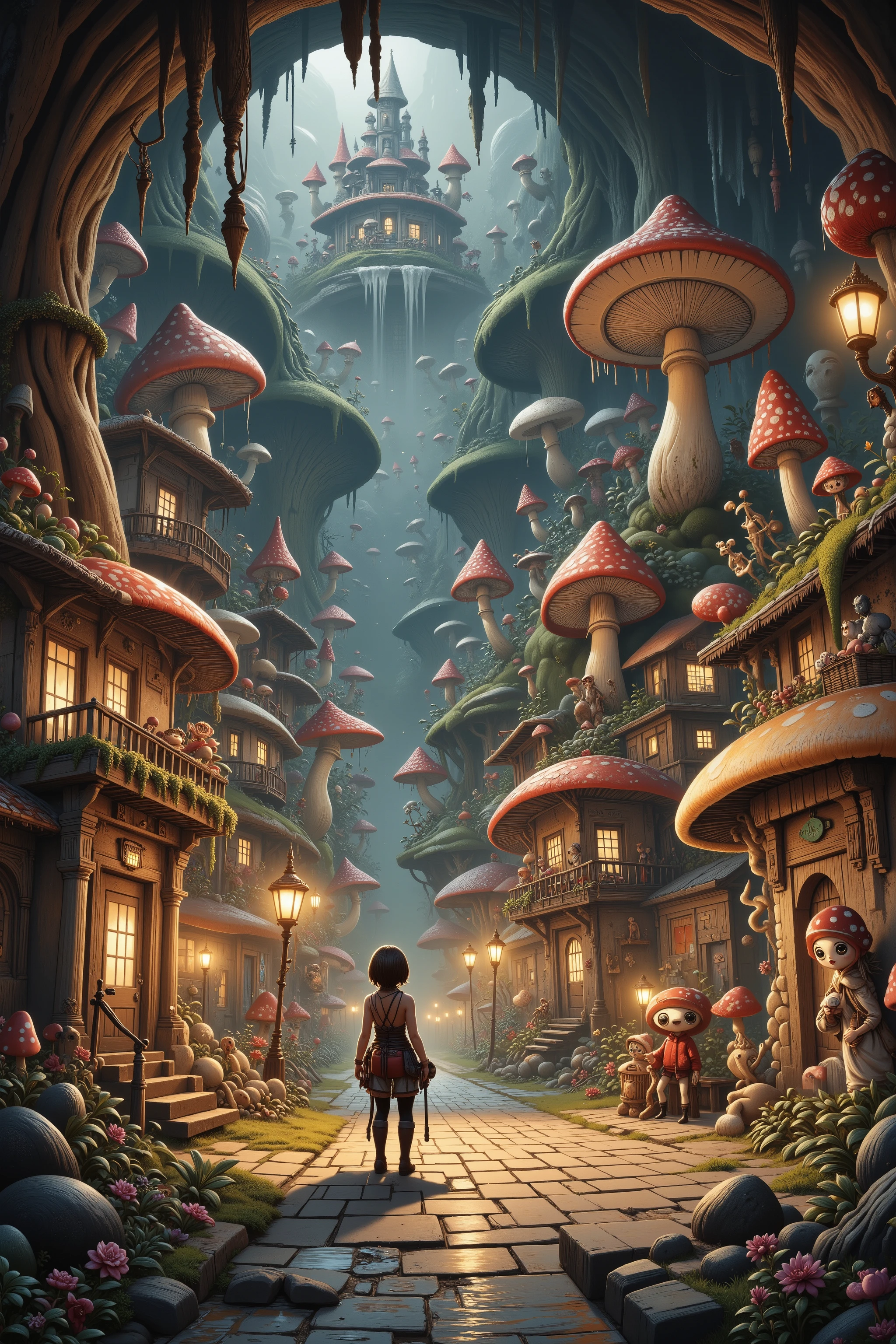 A cave explorer (woman, cute, sexy climbing outfit, giga busty age 20), stands in an underground fungus kingdom. She is mystified. The are short glowing mushrooms lighting the area and arranged to light paved roads and giant toadstool homes, and a mushroom castle. humanoid mushroom people (50s alien, mushroom themed)go about village life in their underground kingdom.