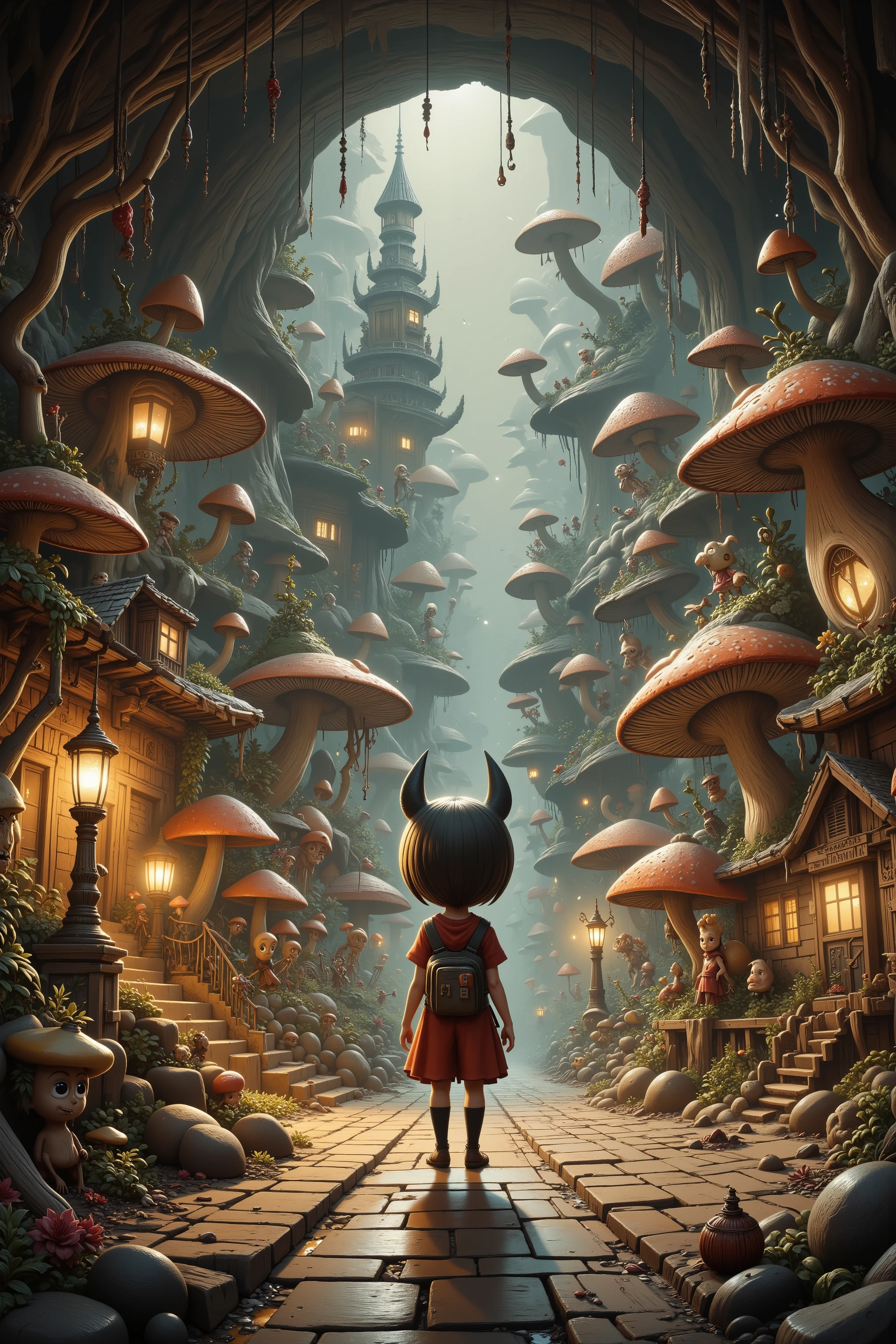 A cave explorer (woman, cute, sexy climbing outfit, giga busty age 20), stands in an underground fungus kingdom. She is mystified. The are short glowing mushrooms lighting the area and arranged to light paved roads and giant toadstool homes, and a mushroom castle. humanoid mushroom people (50s alien, mushroom themed)go about village life in their underground kingdom.