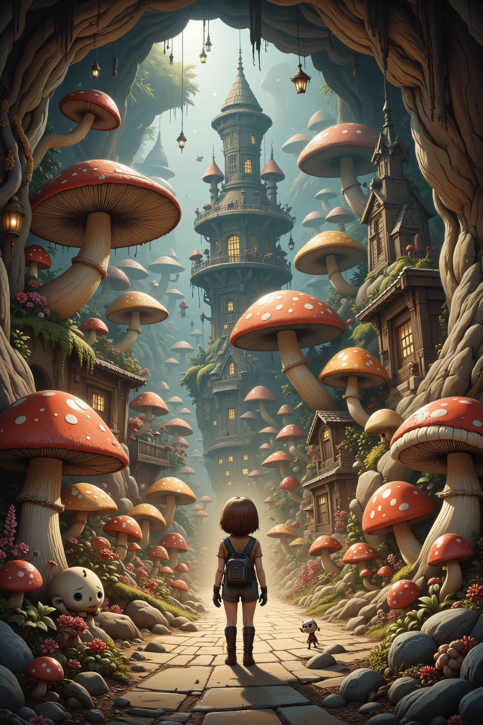 A cave explorer (woman, cute, sexy climbing outfit, giga busty age 20), stands in an underground fungus kingdom. She is mystified. The are short glowing mushrooms lighting the area and arranged to light paved roads and giant toadstool homes, and a mushroom castle. humanoid mushroom people (50s alien, mushroom themed)go about village life in their underground kingdom.