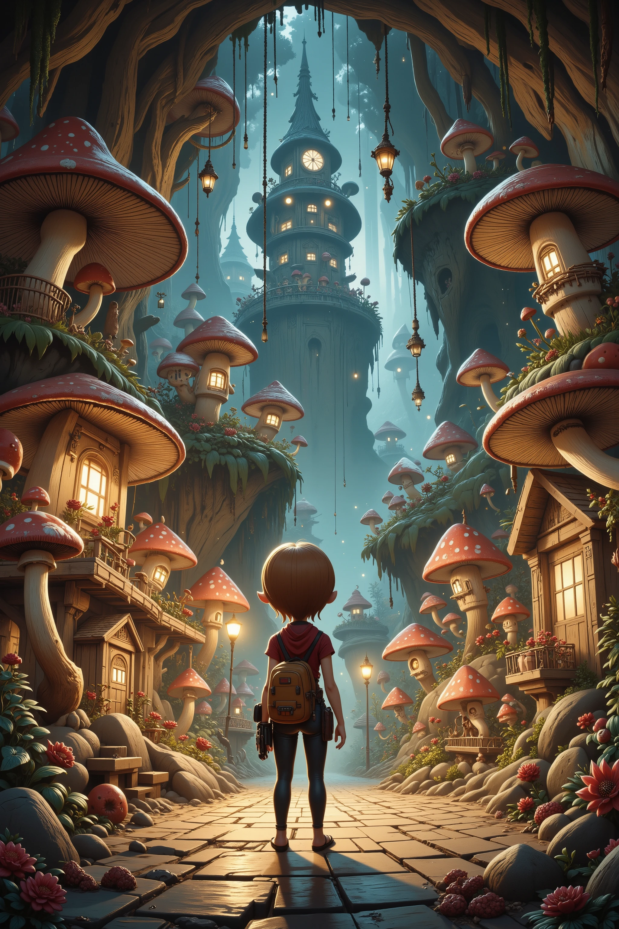 A cave explorer (woman, cute, sexy climbing outfit, giga busty age 20), stands in an underground fungus kingdom. She is mystified. The are short glowing mushrooms lighting the area and arranged to light paved roads and giant toadstool homes, and a mushroom castle. humanoid mushroom people (50s alien, mushroom themed)go about village life in their underground kingdom.