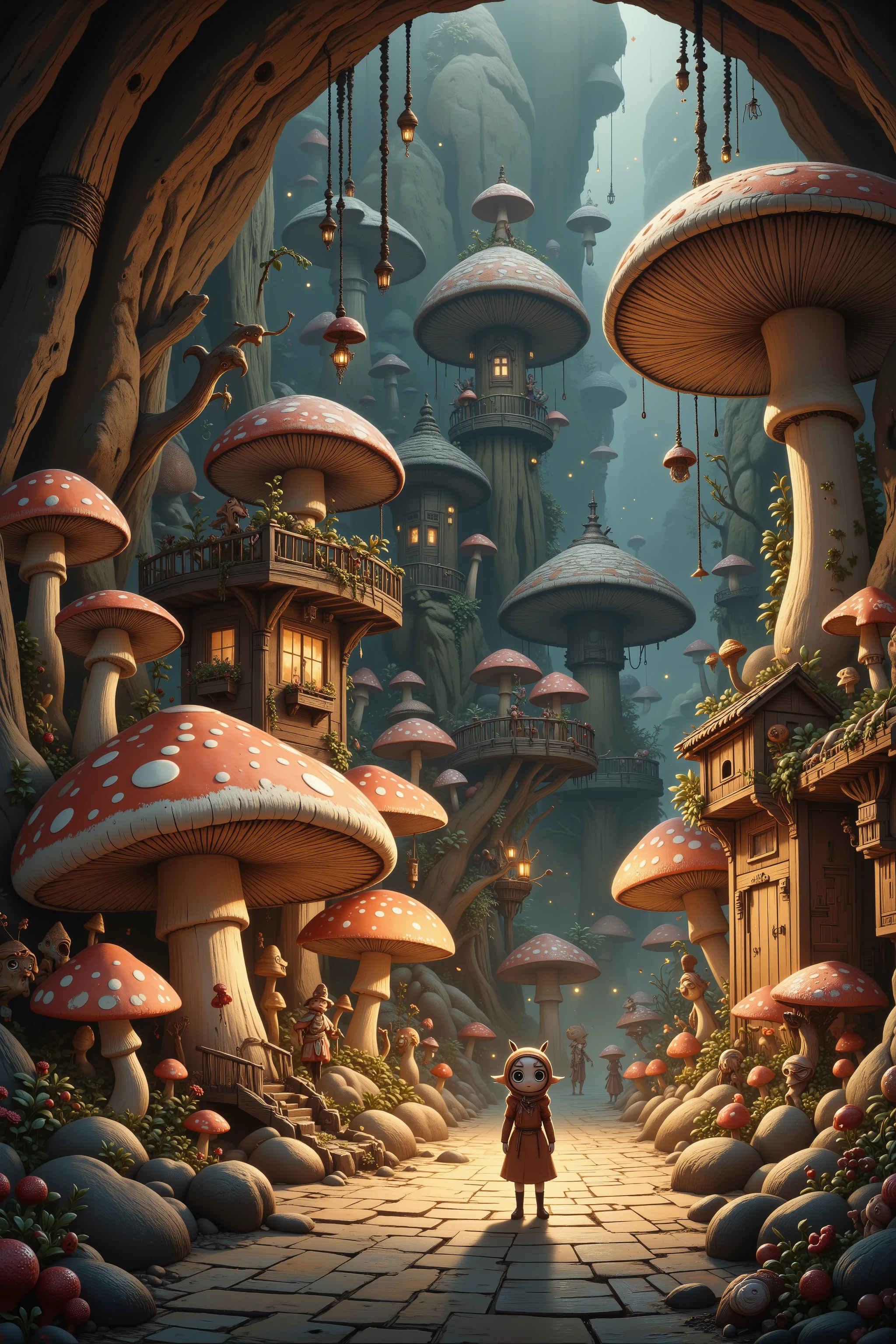 A cave explorer (woman, cute, sexy climbing outfit, giga busty age 20), stands in an underground fungus kingdom. She is mystified. The are short glowing mushrooms lighting the area and arranged to light paved roads and giant toadstool homes, and a mushroom castle. humanoid mushroom people (50s alien, mushroom themed)go about village life in their underground kingdom.