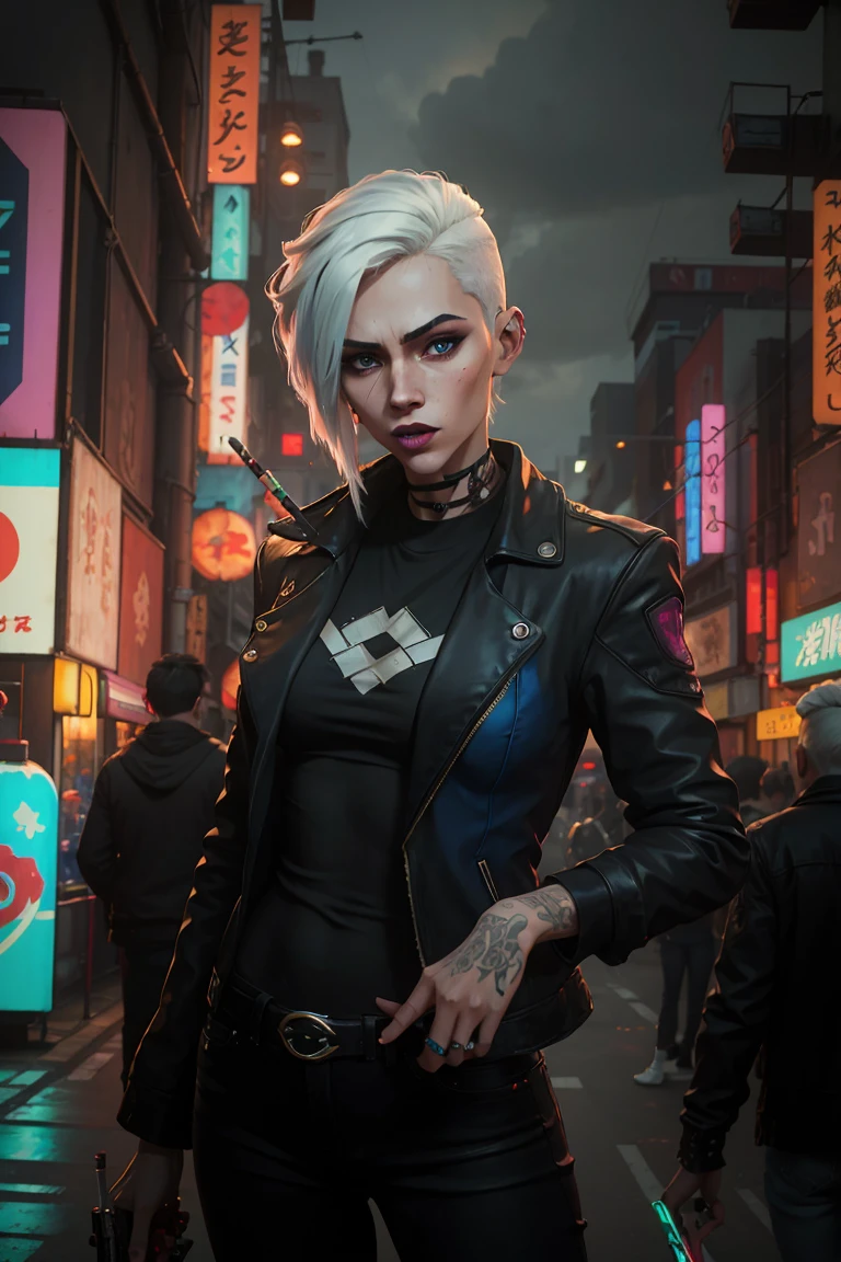 masterpiece, best quality, high quality, realistic drow, detailed lips, detailed face, detailed eyes, 1asiangirl, leather jacket, red t-shirt, jeans, pointy ears, (grey skin, white skin:1.4), red eyes, cotton candy blue hair, neon lights, cyberpunk, alley, cyberpunk, handgun, holding weapon, gun pointing up, walking, revolver, realistic, detailed face, detailed skin, detailed lips, masterpiece, high quality,