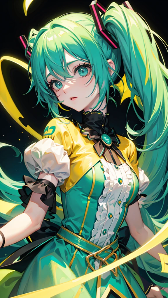 1 female、A female reincarnation of a sea anemone、detailed face、Yellow glowing eyes、Yellow and black multi-colored hair、Vivid warning color costume、soft body、flexible body、perfect proportions、Thick hair like a sea anemone、close up shot, Bewitching atmosphere、dark fantasy、 smile