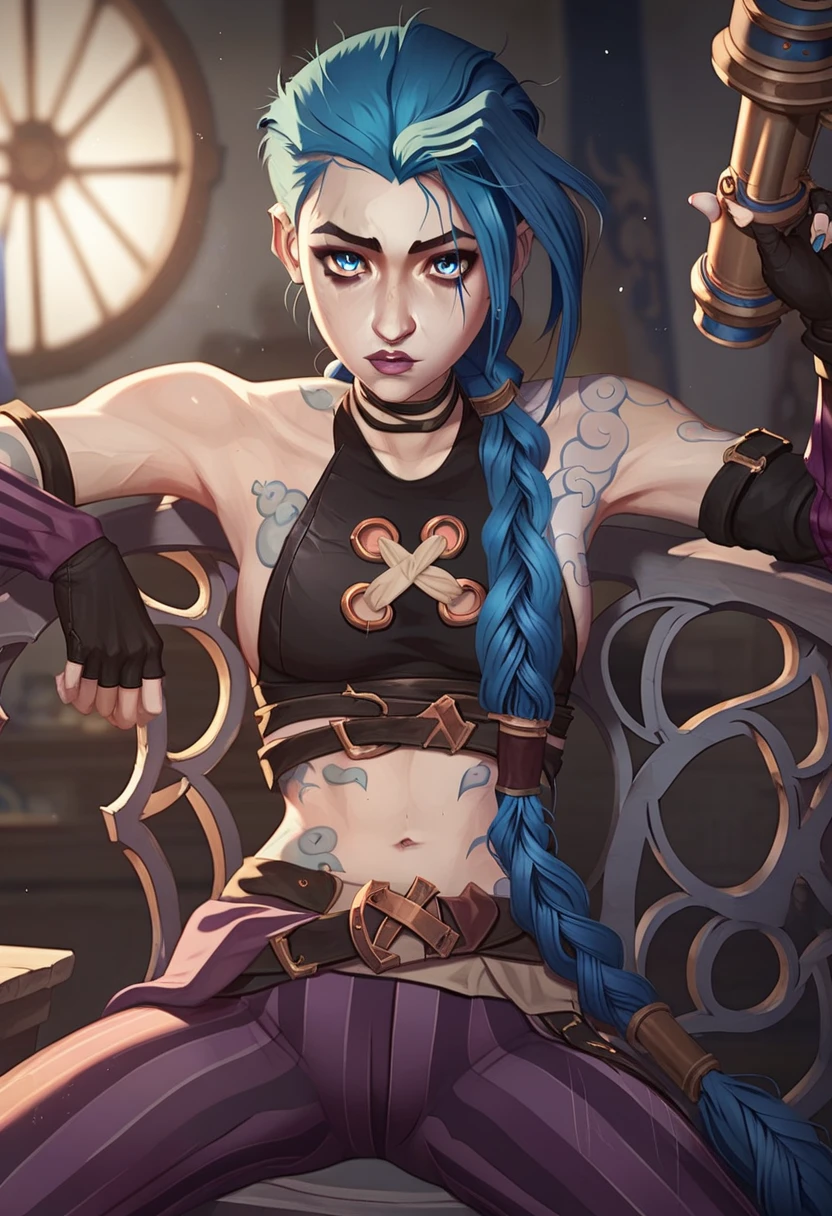 1girl, j1nx, blue hair, long blue twin pigtails, blue eyes, pale skin, tattoo, choker, BREAK, crop top, sleeve, armbands, purple striped pants, gloves, gun, belt, BREAK, in a deserted medieval slum, masterpiece, dramatic lighting, highly detailed, depth of field