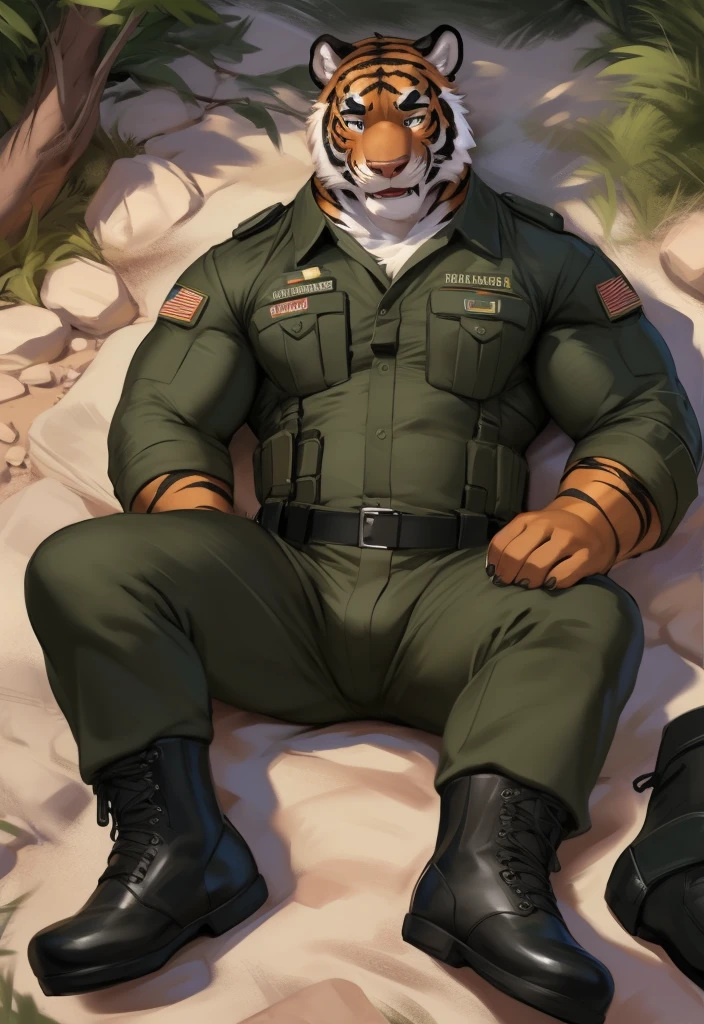 (masterpiece),(high quality),(best quality),(Very detailed),a boy,soldiers at war,(Camouflage suit 1.2),muscular,soaked,a tiger,(Body tied with rope 1.3),(((Lots of rope))),blue pupils,(best quality),8k