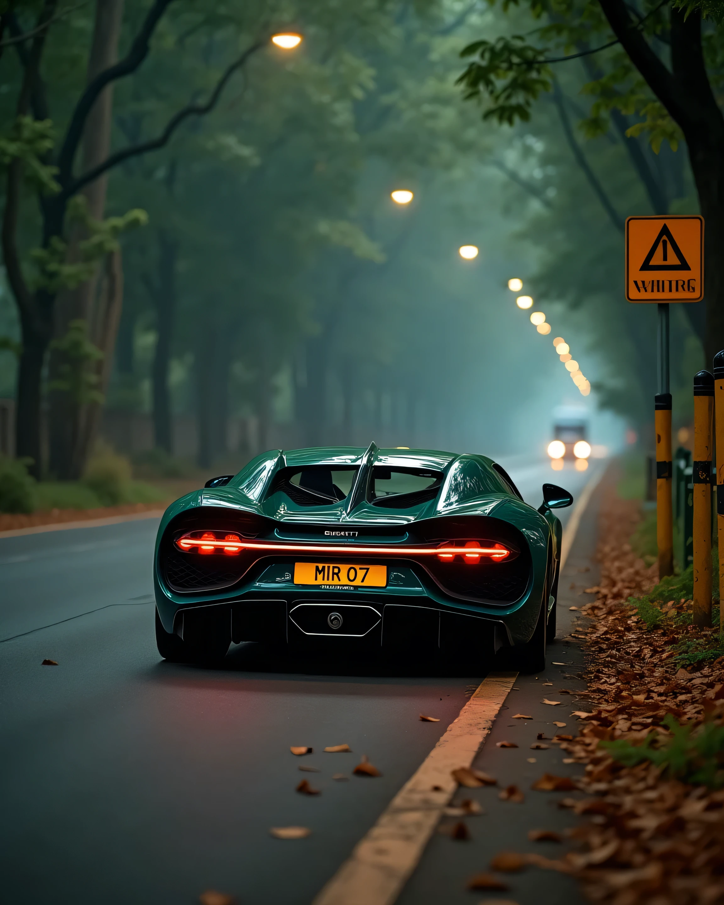 On Indian yellow pole light road dark green Bugatti Chiron running at top speed write 'MR 07' clearly on number plate, horror Indian road , yellow side poles, big deep trees around the road , close to camera, leaves on road, leafs are flowing in air and road, fog lightroom effect, professional photography of seen, dark night , side of the road a yellow neon sign board , side look, indian train running in background 