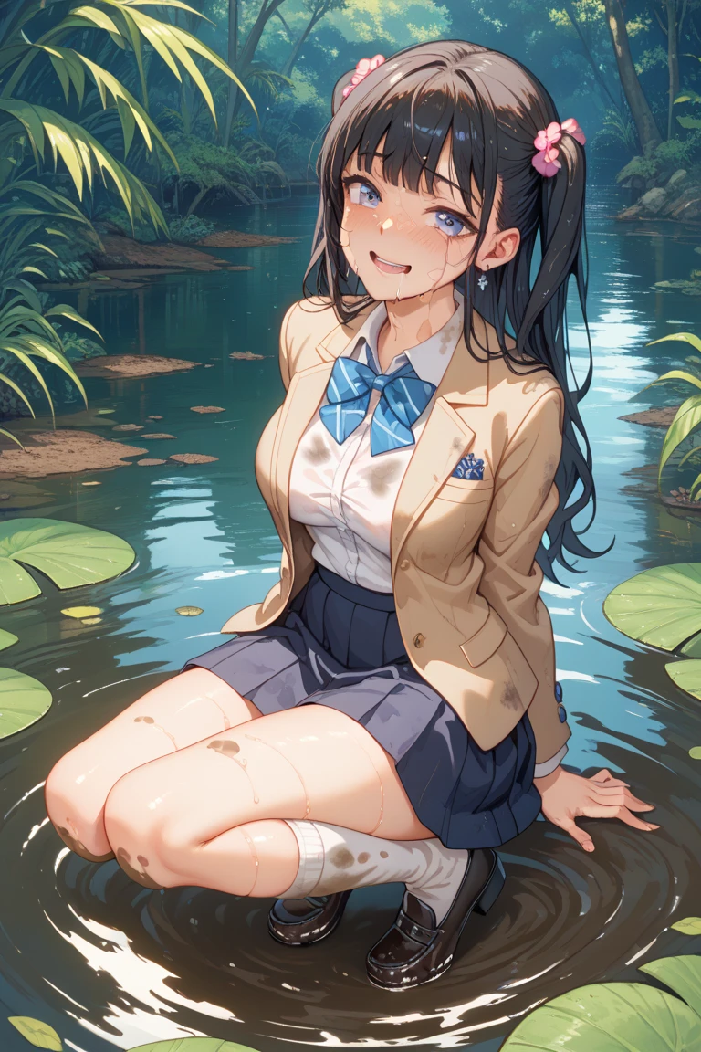 1 girl, (alone:1.3), ditch, hot spring, Outdoor activities, suit, holding one&#39;s legs, certainly(blue file), medium breasts,  blonde hair, braid, folded ponytail, Headband,,sexy 
