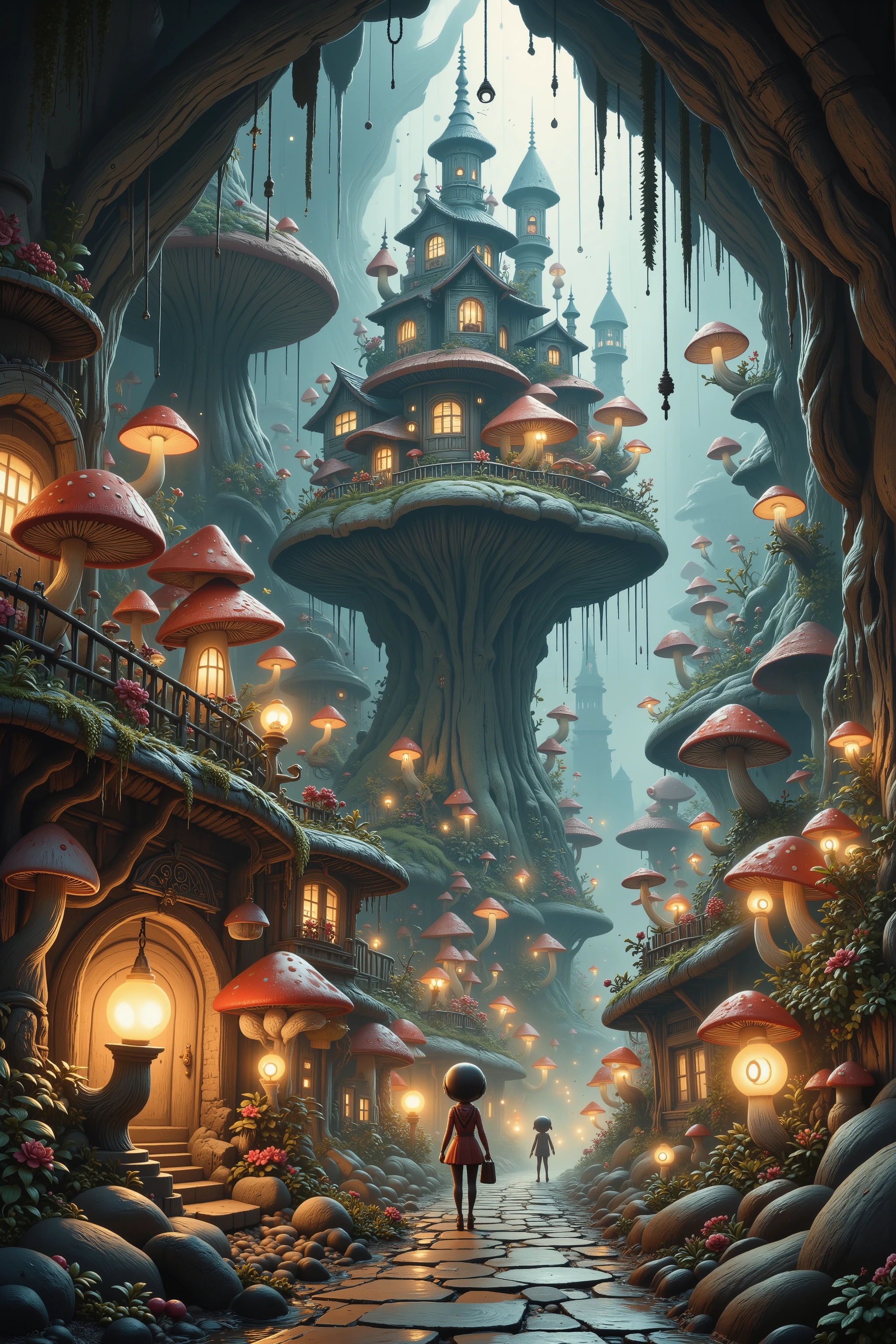 A cave explorer (woman, cute, sexy climbing outfit, giga busty age 20), stands in an underground fungus kingdom. She is mystified. The are short glowing mushrooms lighting the area and arranged to light paved roads and giant toadstool homes, and a mushroom castle. humanoid mushroom people (50s alien, mushroom themed)go about village life in their underground kingdom.