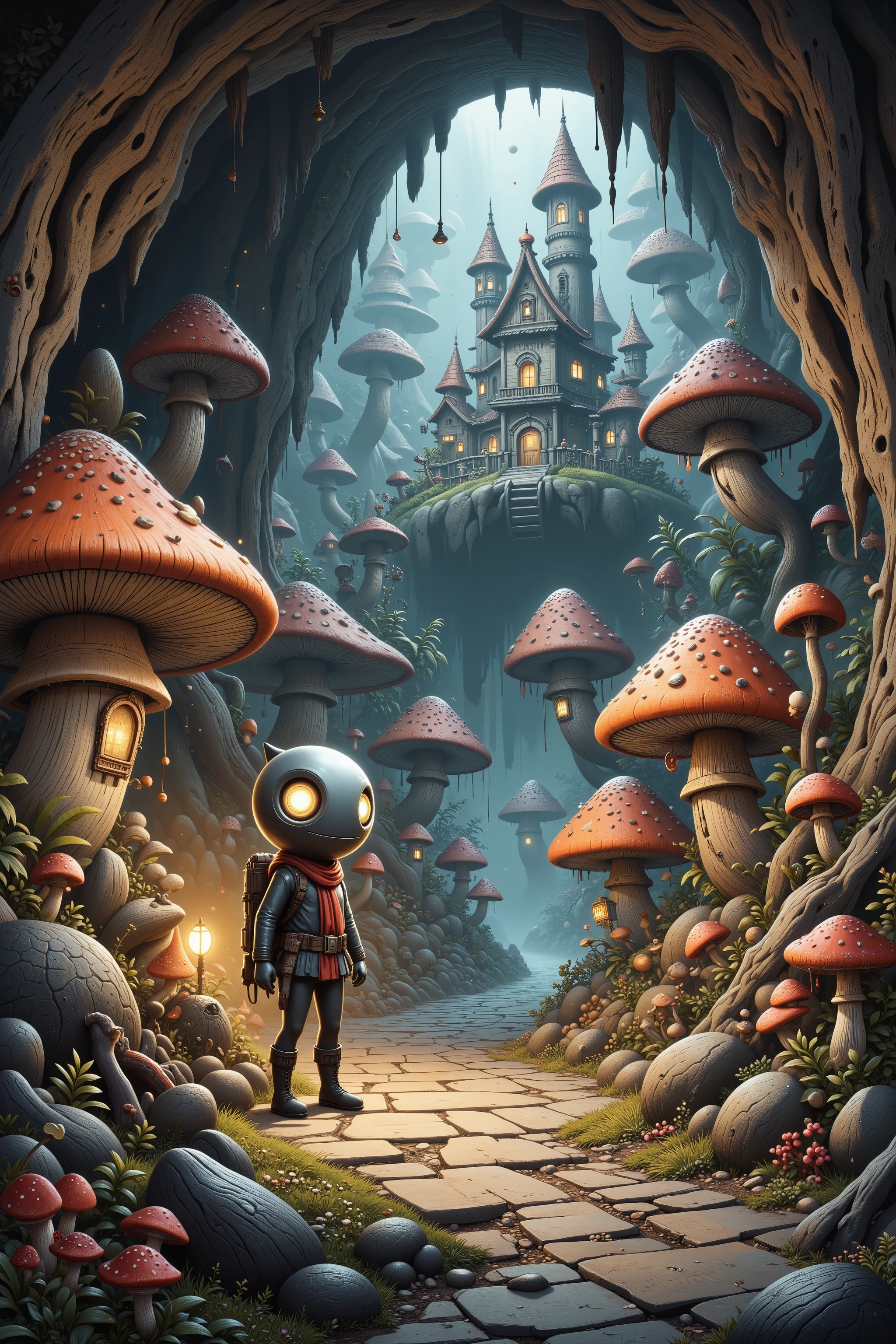 A cave explorer (woman, cute, sexy climbing outfit, giga busty age 20), stands in an underground fungus kingdom. She is mystified. The are short glowing mushrooms lighting the area and arranged to light paved roads and giant toadstool homes, and a mushroom castle. humanoid mushroom people (50s alien, mushroom themed)go about village life in their underground kingdom.
