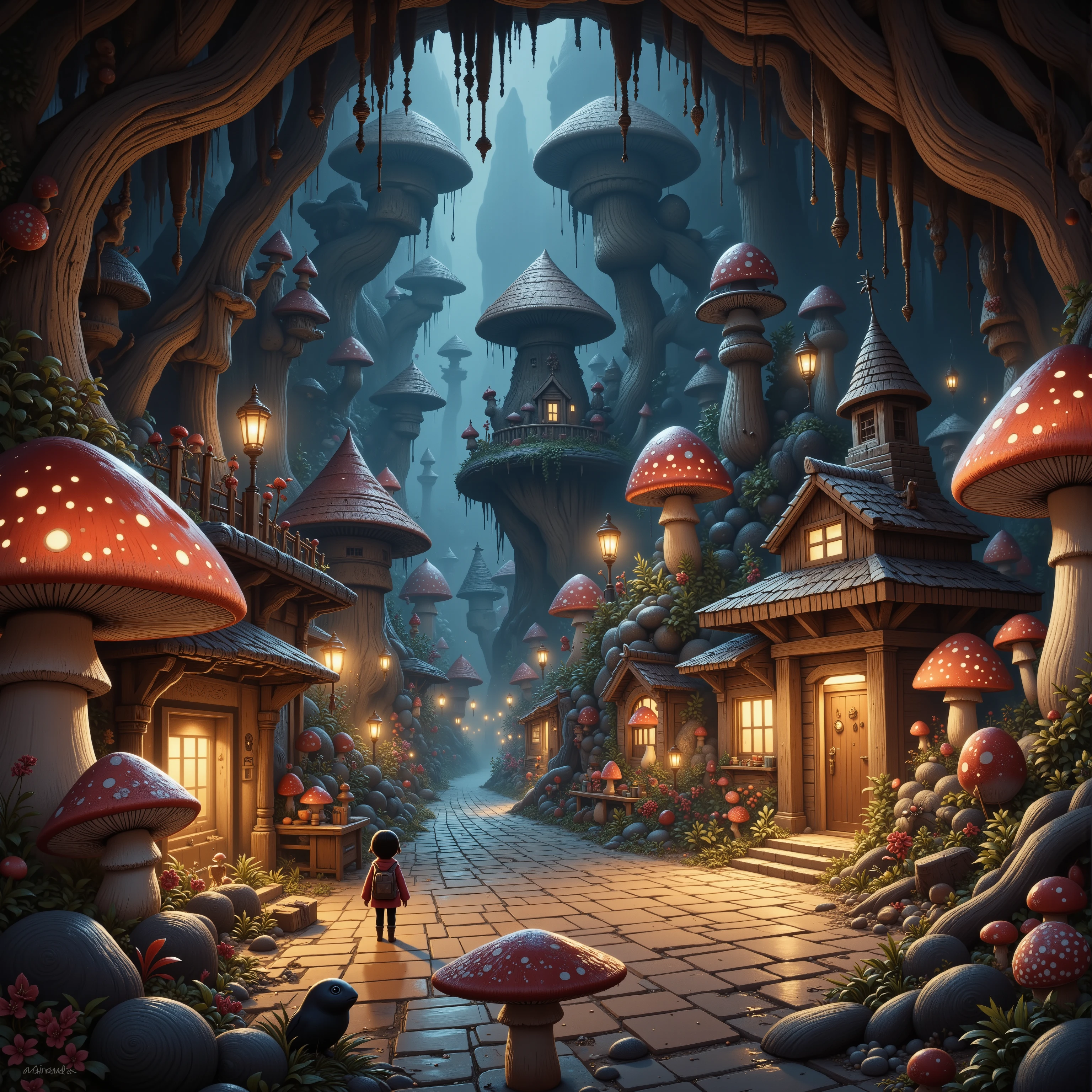 A cave explorer (woman, cute, sexy climbing outfit, giga busty age 20), stands in an underground fungus kingdom. She is mystified. The are short glowing mushrooms lighting the area and arranged to light paved roads and giant toadstool homes, and a mushroom castle. humanoid mushroom people (50s alien, mushroom themed)go about village life in their underground kingdom.
