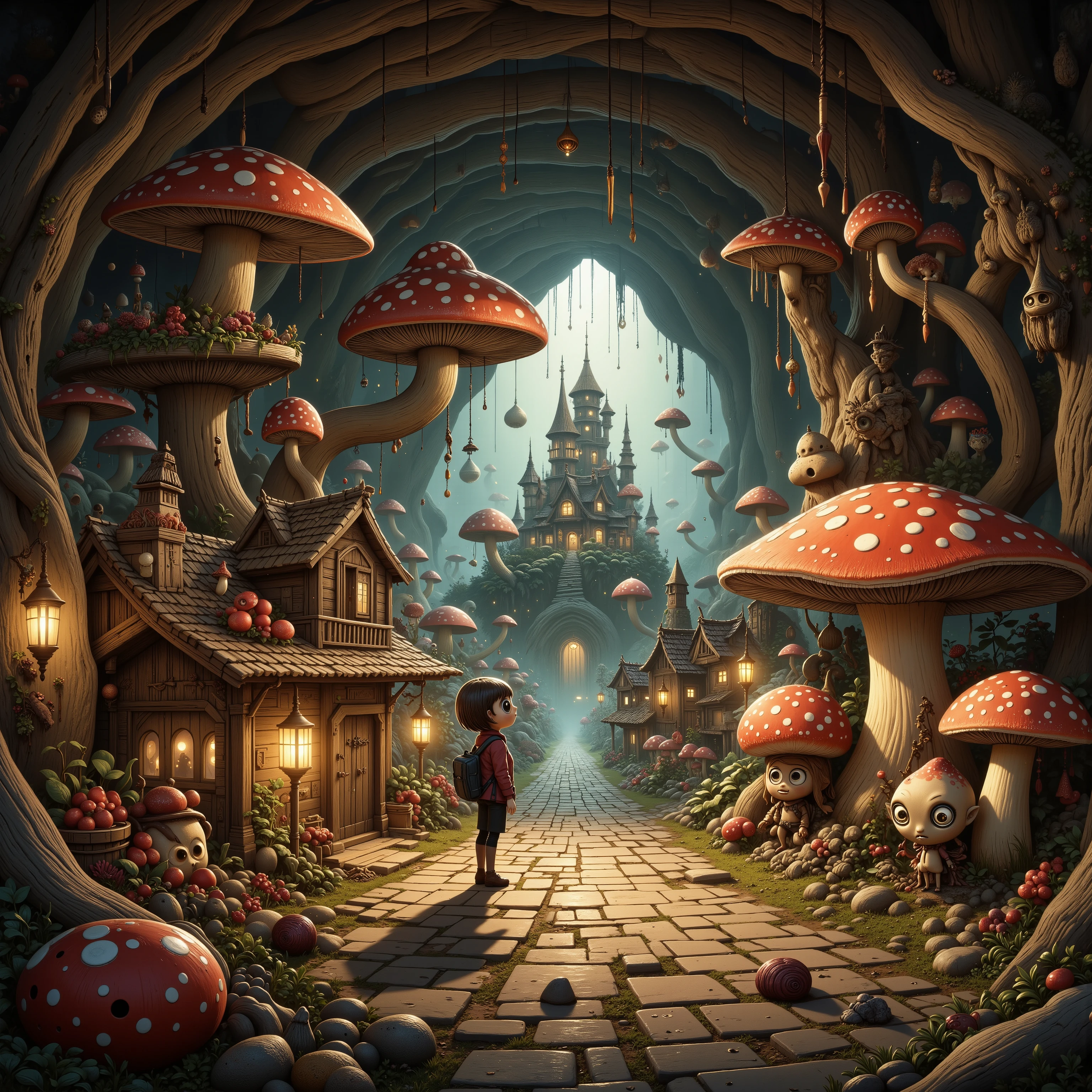 A cave explorer (woman, cute, sexy climbing outfit, giga busty age 20), stands in an underground fungus kingdom. She is mystified. The are short glowing mushrooms lighting the area and arranged to light paved roads and giant toadstool homes, and a mushroom castle. humanoid mushroom people (50s alien, mushroom themed)go about village life in their underground kingdom.
