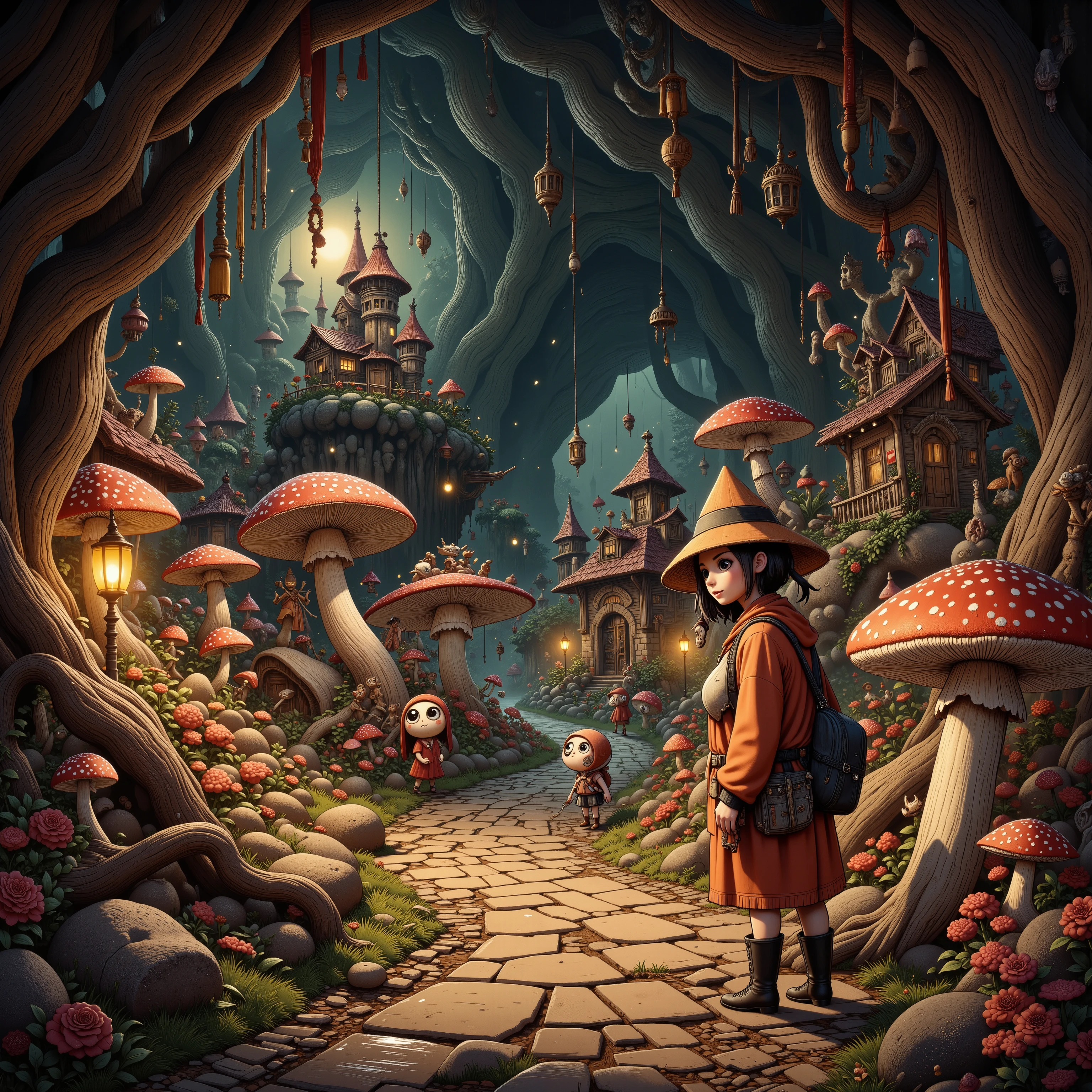A cave explorer (woman, cute, sexy climbing outfit, giga busty age 20), stands in an underground fungus kingdom. She is mystified. The are short glowing mushrooms lighting the area and arranged to light paved roads and giant toadstool homes, and a mushroom castle. humanoid mushroom people (50s alien, mushroom themed)go about village life in their underground kingdom.