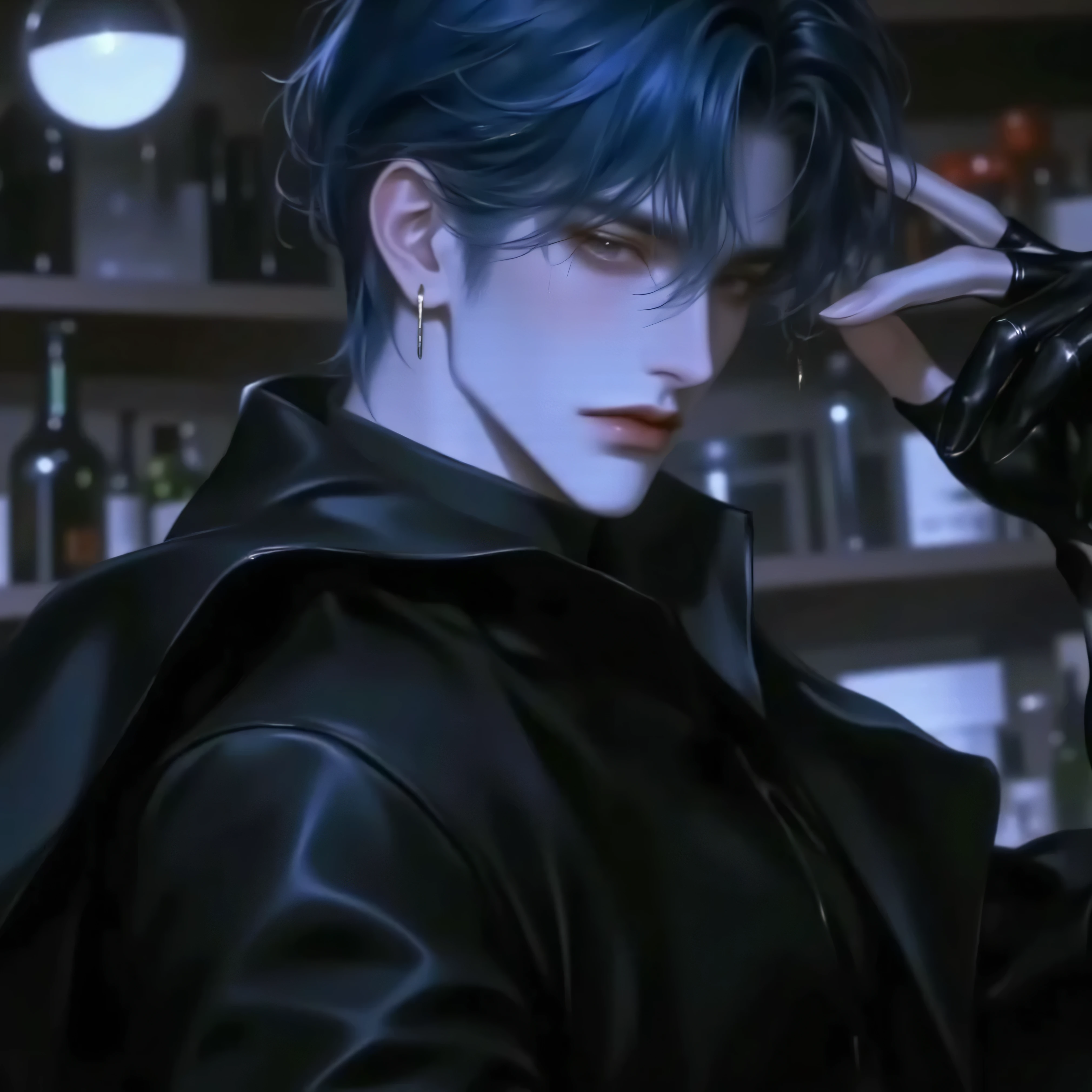 young man alone , Age 26 years, molding, body, , sharp black eyes, turned to the side , Yellow-white skin , Blue short hair , wearing a black shirt, , Black Pants , Standing in a bar,