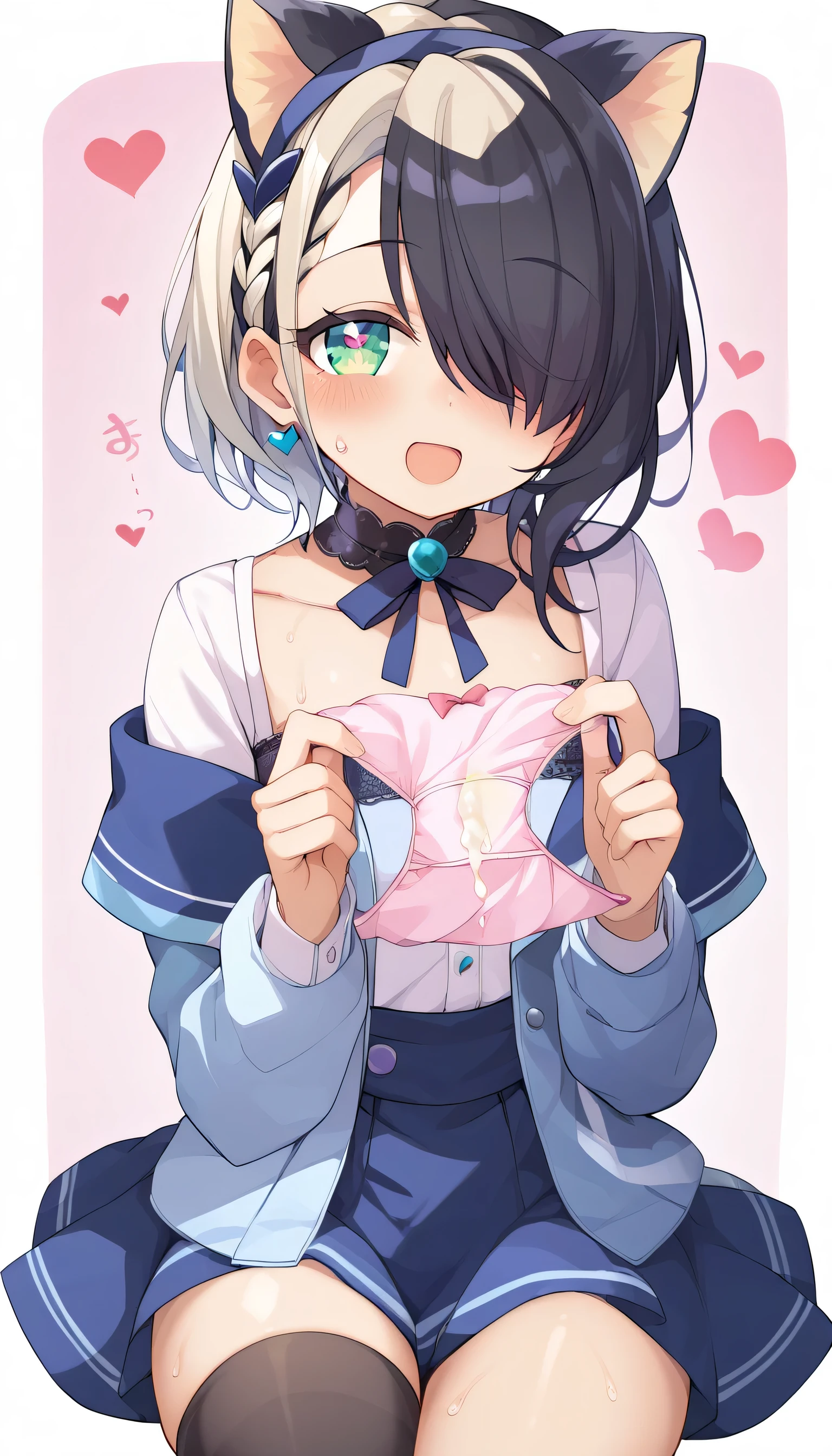 best quality、masterpiece、 front view、looking at viewer、nsfw、sweat、(((vapor)))、(( shiver))、(( heart))、Hair over eyes、 black hair、(trembling)、heart shaped eyes、 short hair、Cat ears、open mouth、 thigh high socks、((holding panties)), unworn panties、(present Panties)、(((cum on Panties)))、(clothes)、 idol costume、upper body、((semen ))、(expensive cum)、(((Put it on your panties)))、(1Penis)、(cum on clothes)