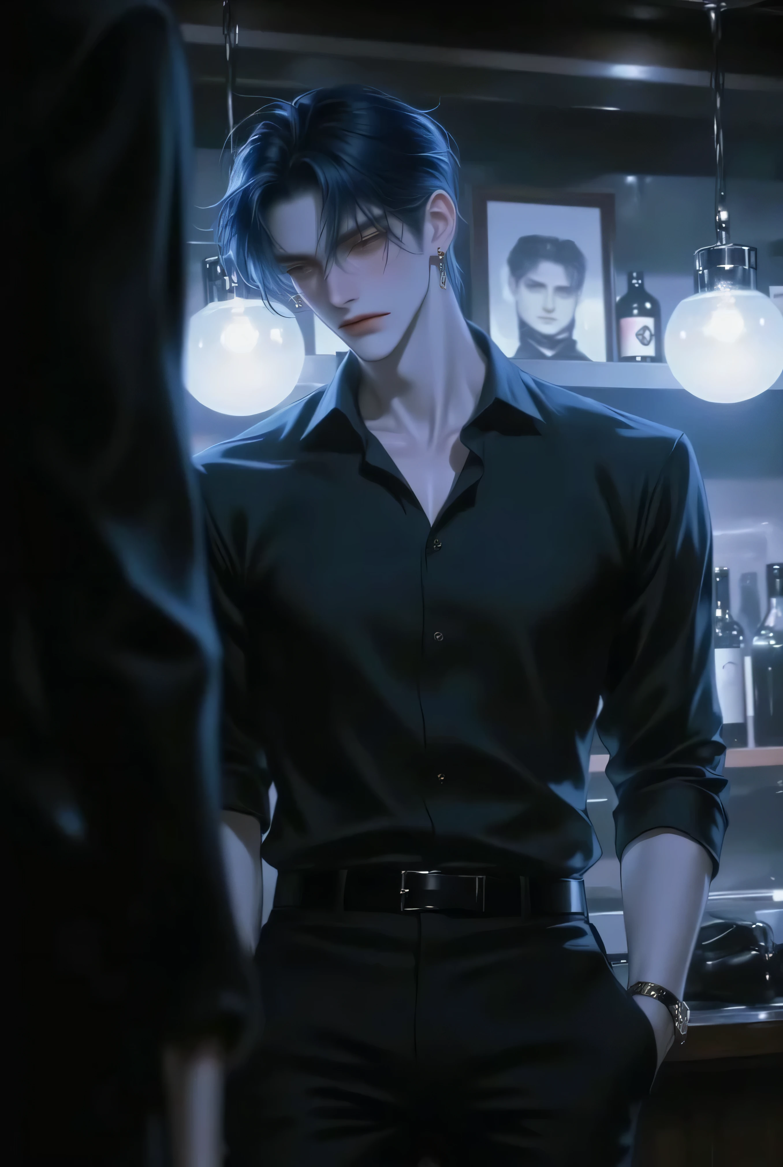  young man alone , Age 26 years,  molding, body, , sharp black eyes, turned to the side , Yellow-white skin  , Blue short hair   ,   wearing a black shirt,  ,   Black Pants  , Standing in a bar, 